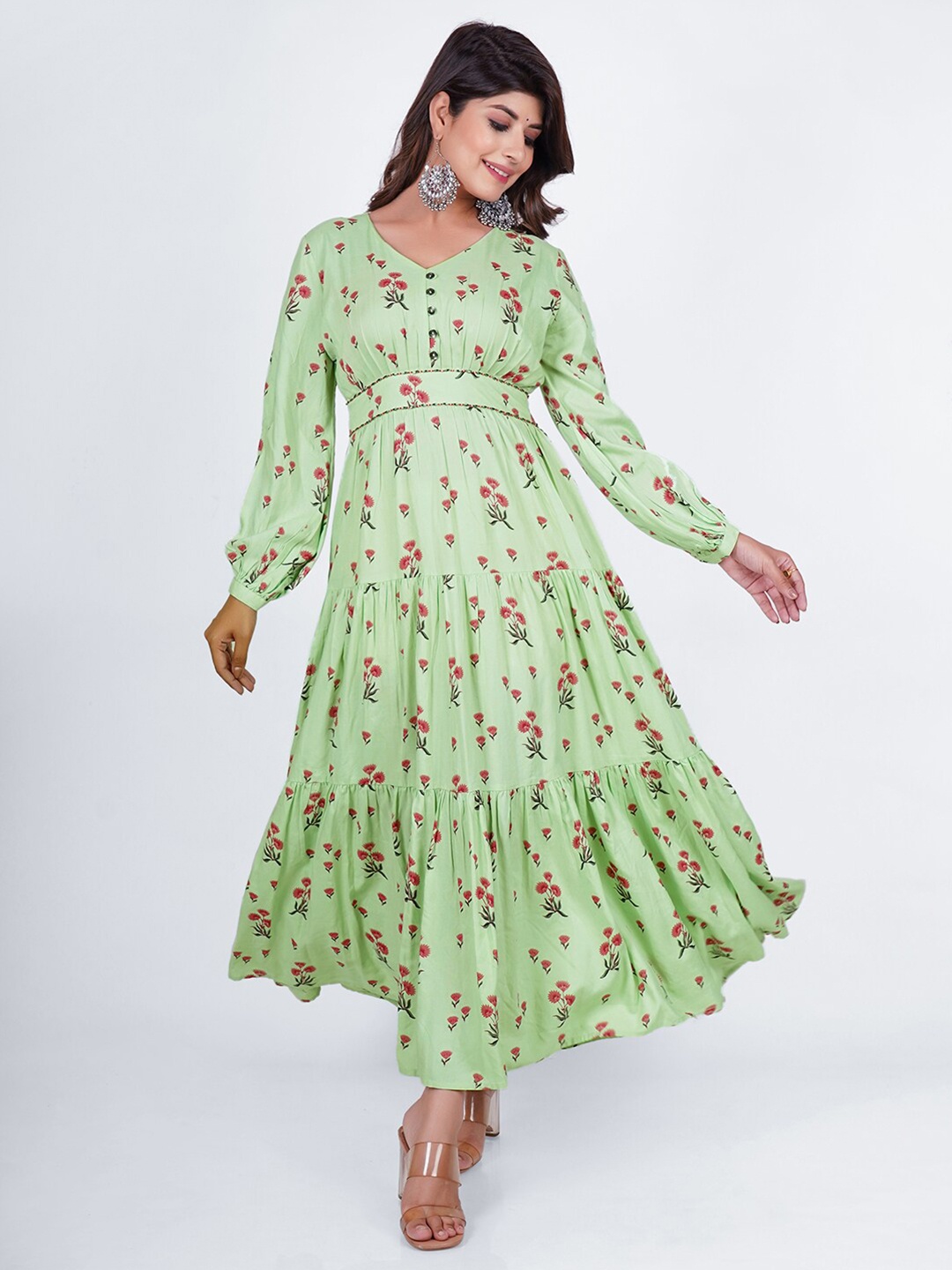 

PUKHYA Floral Printed V-Neck Maxi Dress, Green