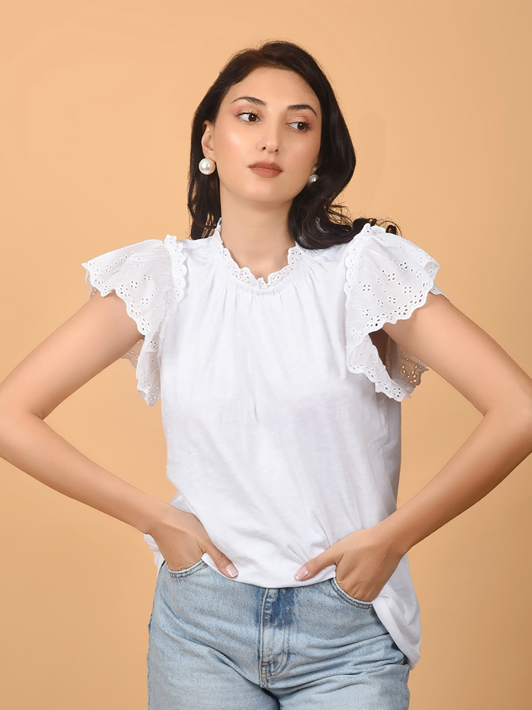 

FLAWLESS Flutter Sleeves Cotton Top, White