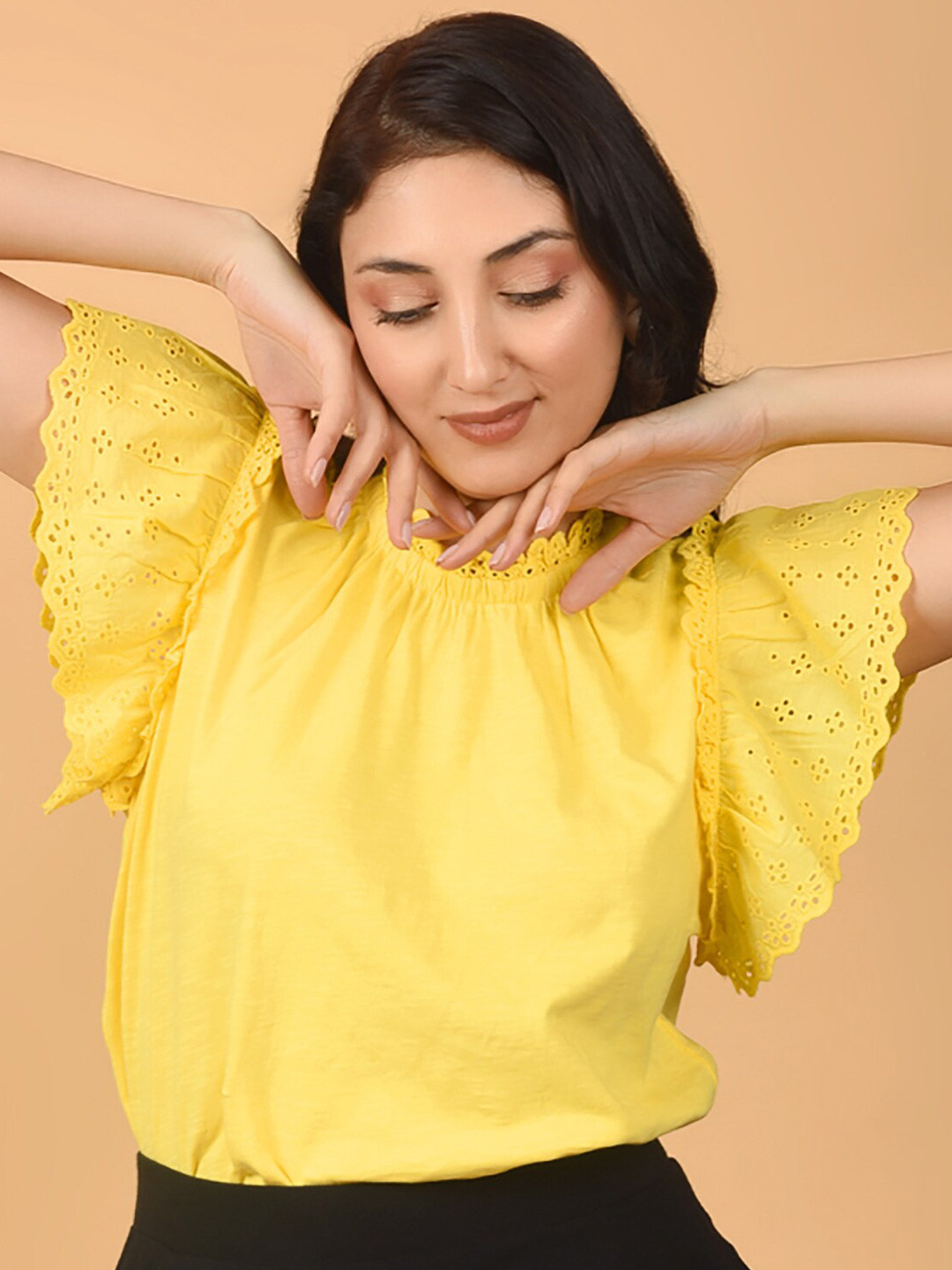 

FLAWLESS Flutter Sleeves Ruffles Schiffli Cotton Regular Top, Yellow