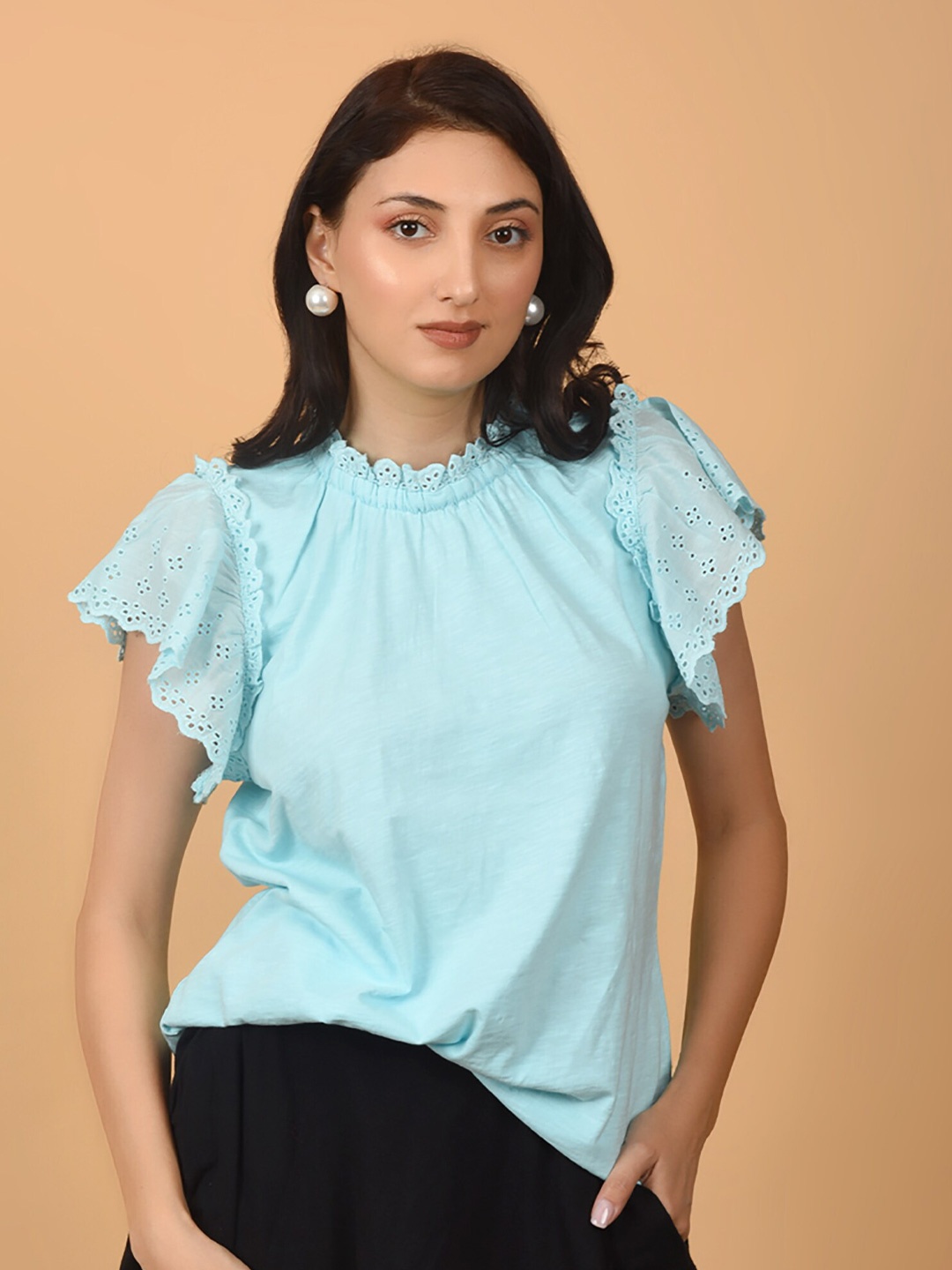 

FLAWLESS Flutter Sleeves Ruffles Schiffli Cotton Regular Top, Sea green