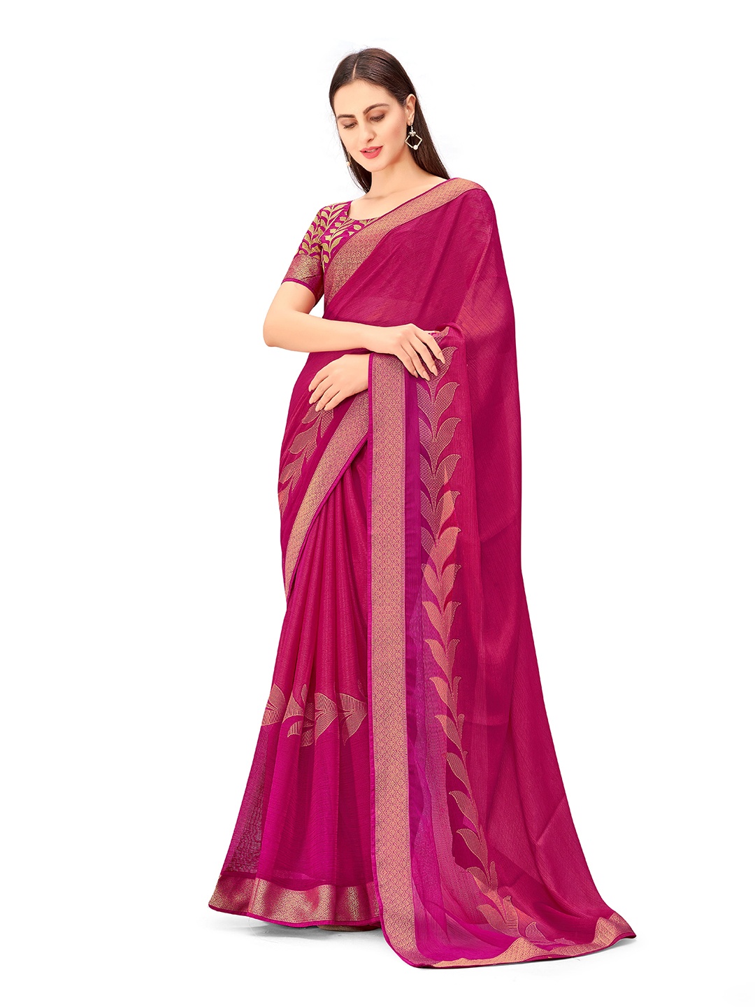 

Anouk Pink Floral Printed Zari Pure Chiffon Saree