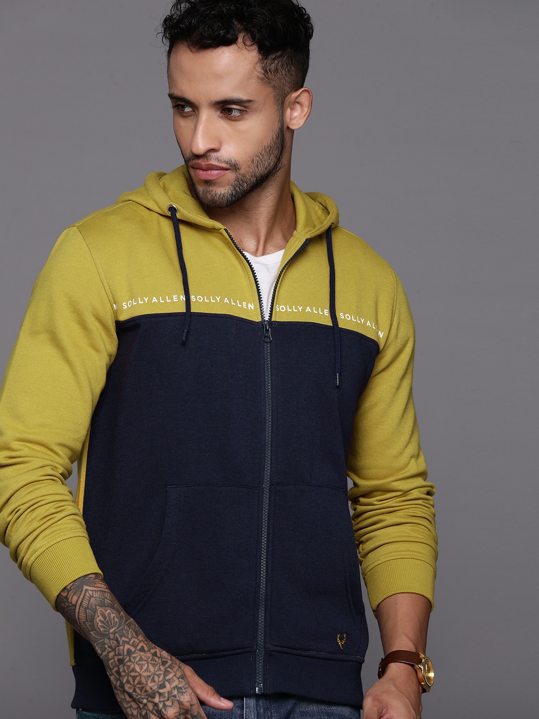 

Allen Solly Brand Logo Printed Colourblocked Hooded Sweatshirt, Green