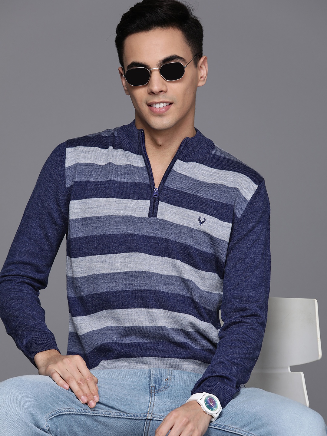 

Allen Solly Mock Collar Striped Pullover, Navy blue
