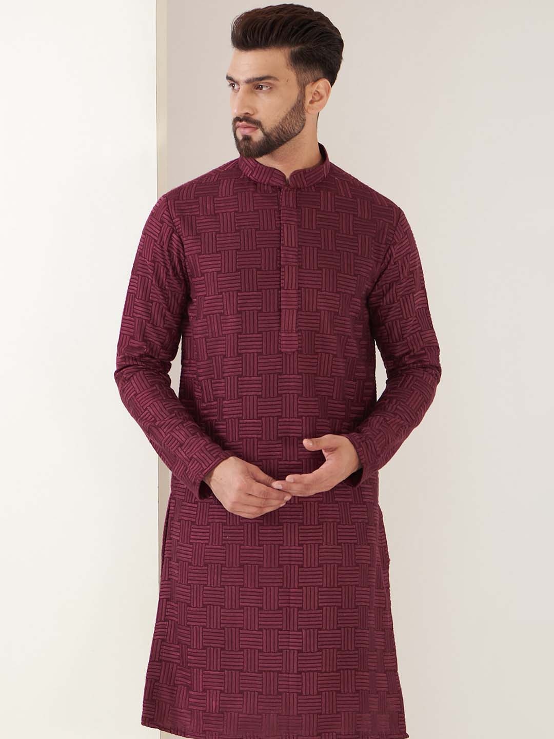 

KASBAH CLOTHING NISHCHAIY SAJDEH Striped Embroidered Chikankari Silk Kurta, Maroon