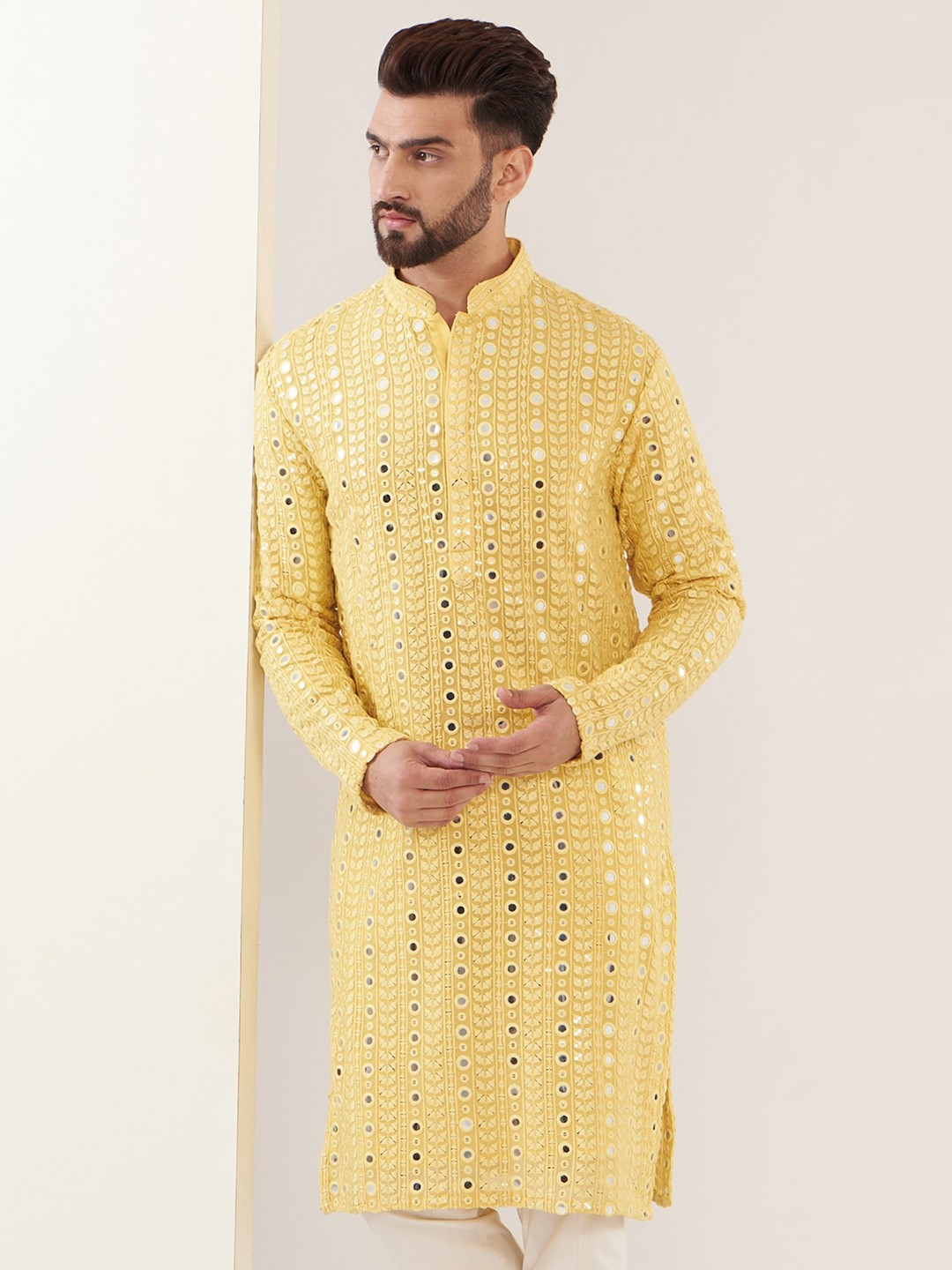 

KASBAH CLOTHING NISHCHAIY SAJDEH Ethnic Motifs Embroidered Mirror Work Straight Kurta, Yellow