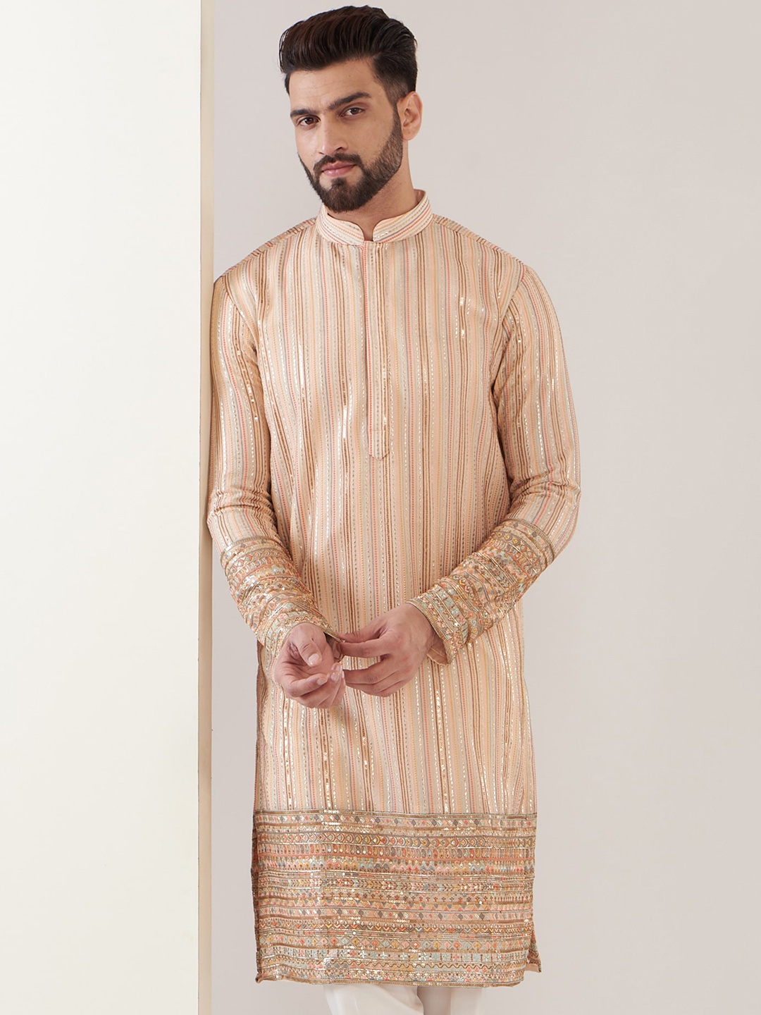 

KASBAH CLOTHING NISHCHAIY SAJDEH Striped Mandarin Collar Straight Kurta, Peach