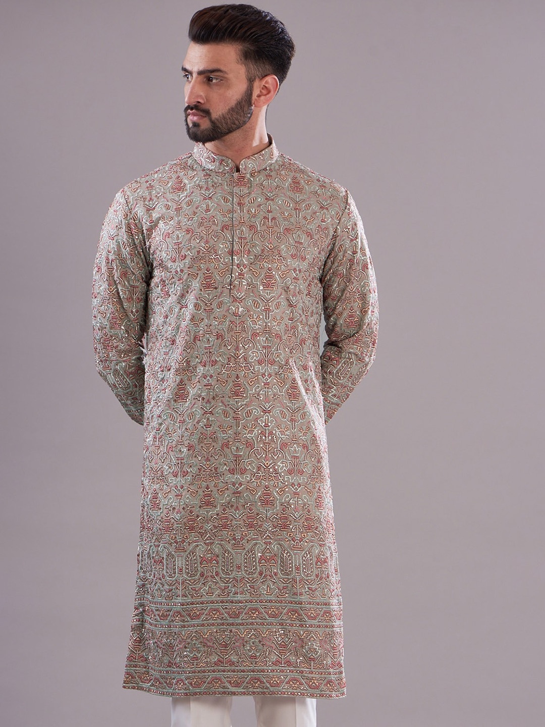 

KASBAH CLOTHING NISHCHAIY SAJDEH Ethnic Motifs Embroidered Straight Kurta, Beige