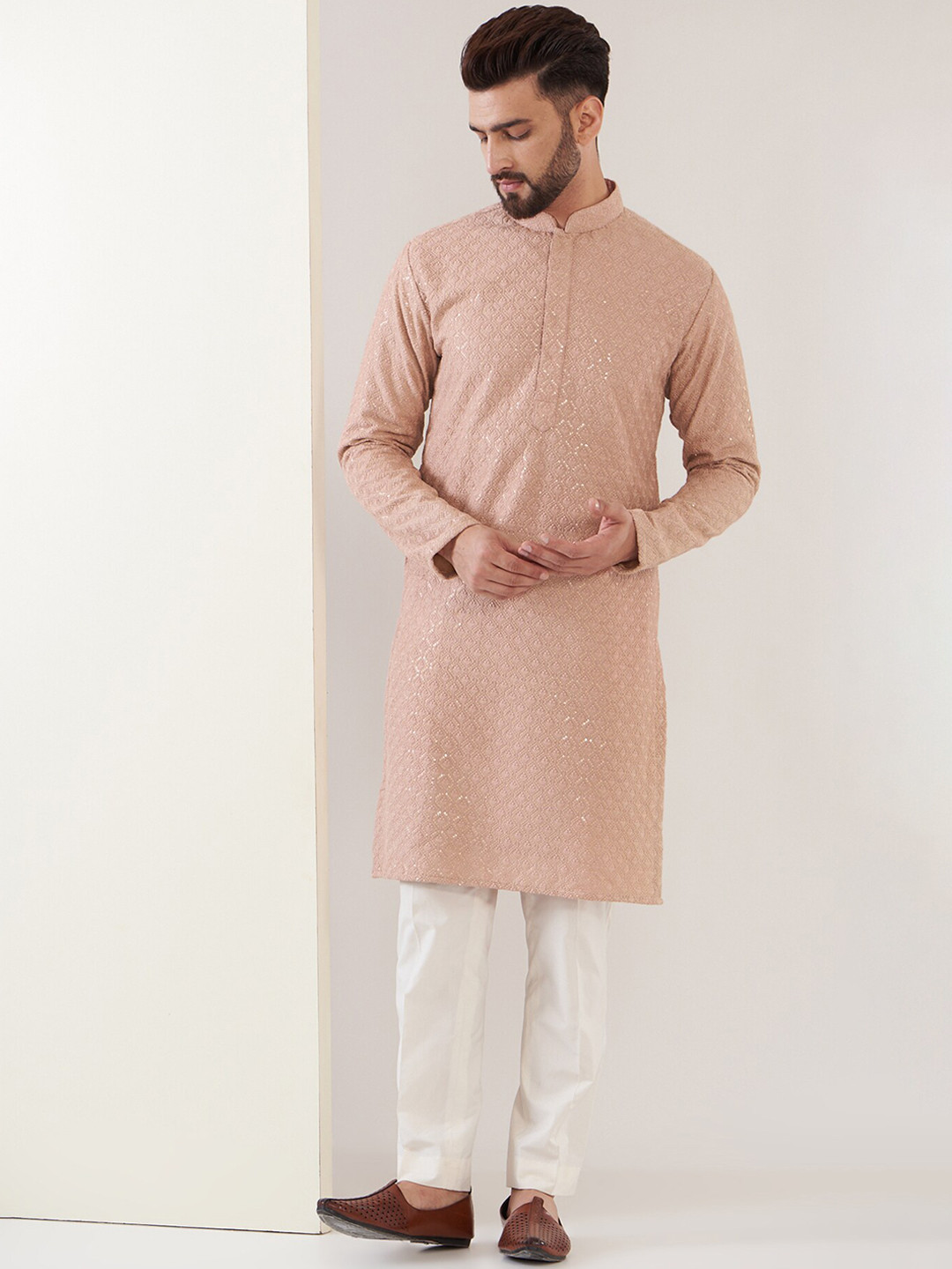 

KASBAH CLOTHING NISHCHAIY SAJDEH Ethnic Motifs Embroidered Chikankari Silk Kurta, Pink