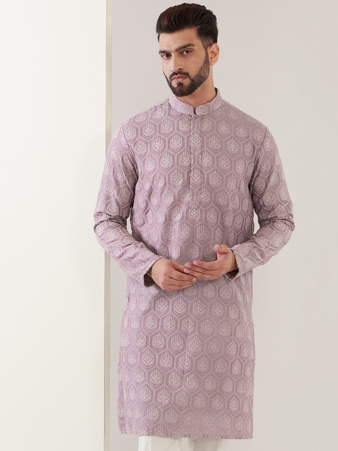 

KASBAH CLOTHING NISHCHAIY SAJDEH Ethnic Motifs Embroidered Sequinned Georgette Kurta, Purple