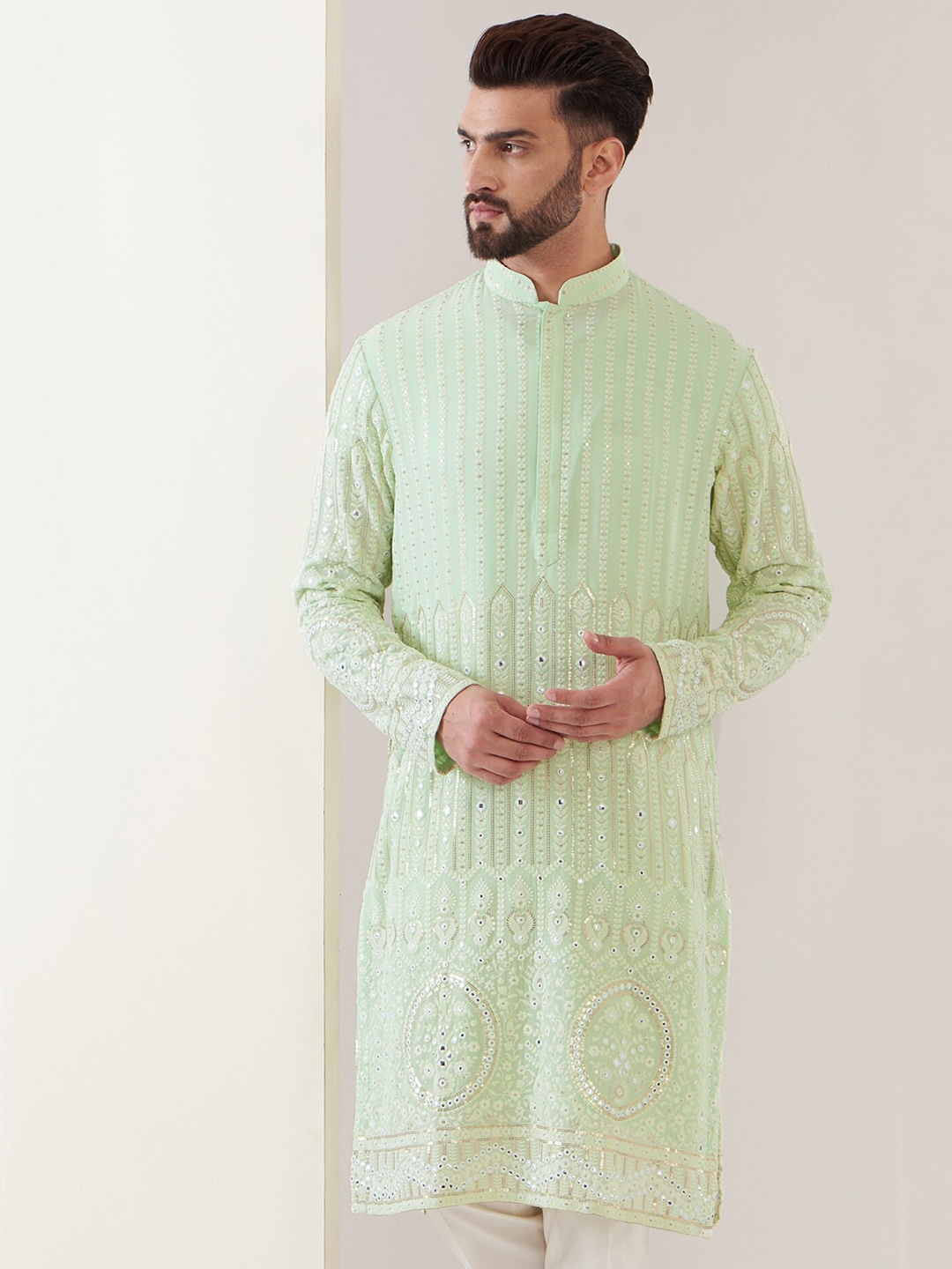 

KASBAH CLOTHING NISHCHAIY SAJDEH Ethnic Motifs Embroidered Sequinned Georgette Kurta, Green