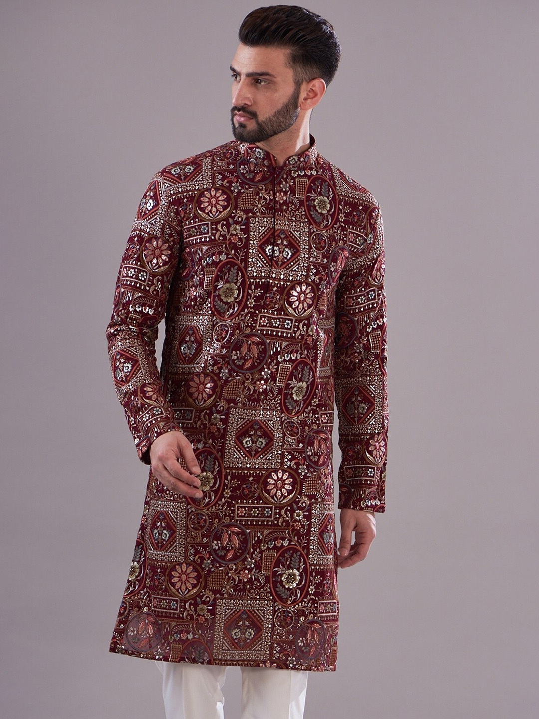 

KASBAH CLOTHING NISHCHAIY SAJDEH Ethnic Motifs Embroidered Sequinned Kurta, Maroon