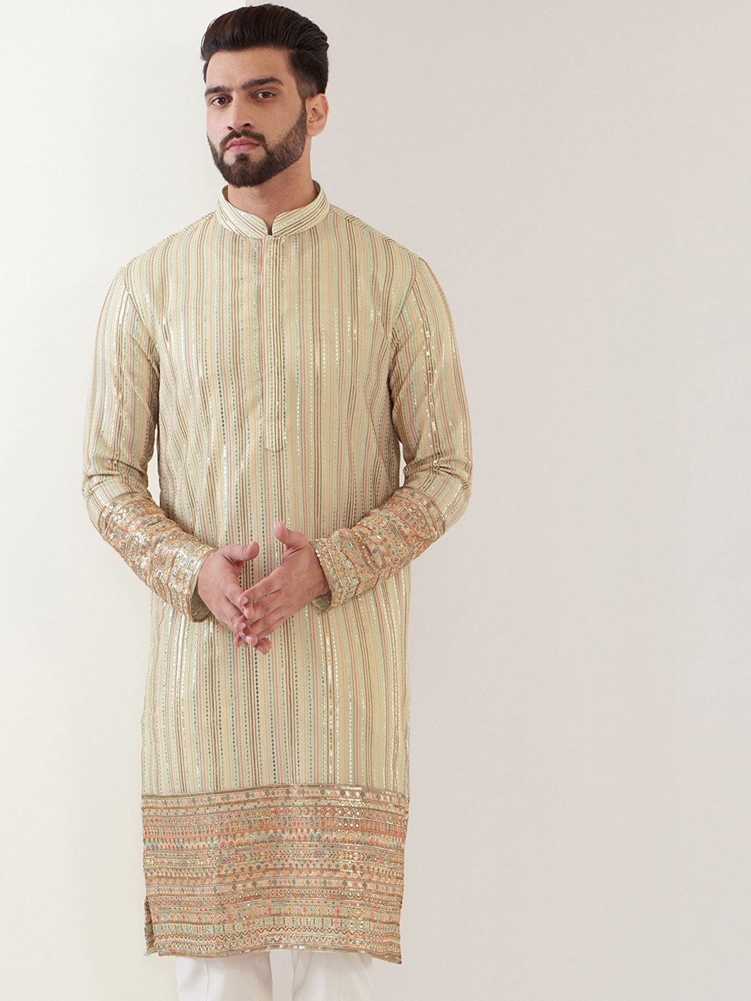 

KASBAH CLOTHING NISHCHAIY SAJDEH Ethnic Motifs Embroidered Sequinned Georgette Kurta, Green