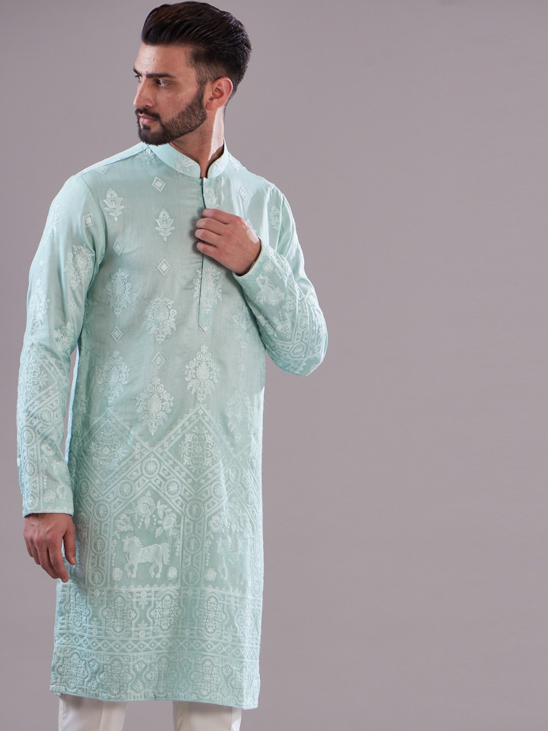 

KASBAH CLOTHING NISHCHAIY SAJDEH Ethnic Motifs Embroidered Silk Kurta, Blue