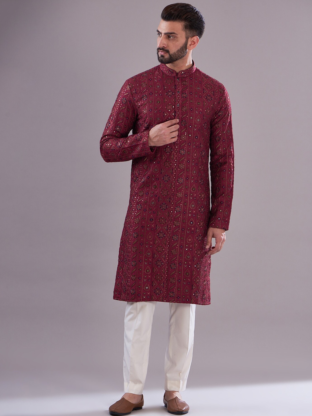 

KASBAH CLOTHING NISHCHAIY SAJDEH Ethnic Motifs Embroidered Sequinned Silk Kurta, Maroon