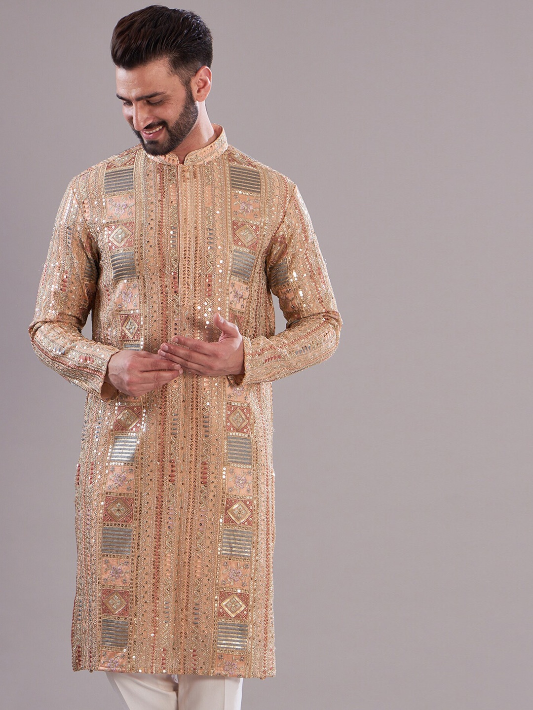 

KASBAH CLOTHING NISHCHAIY SAJDEH Ethnic Motifs Embroidered Sequinned Georgette Kurta, Peach