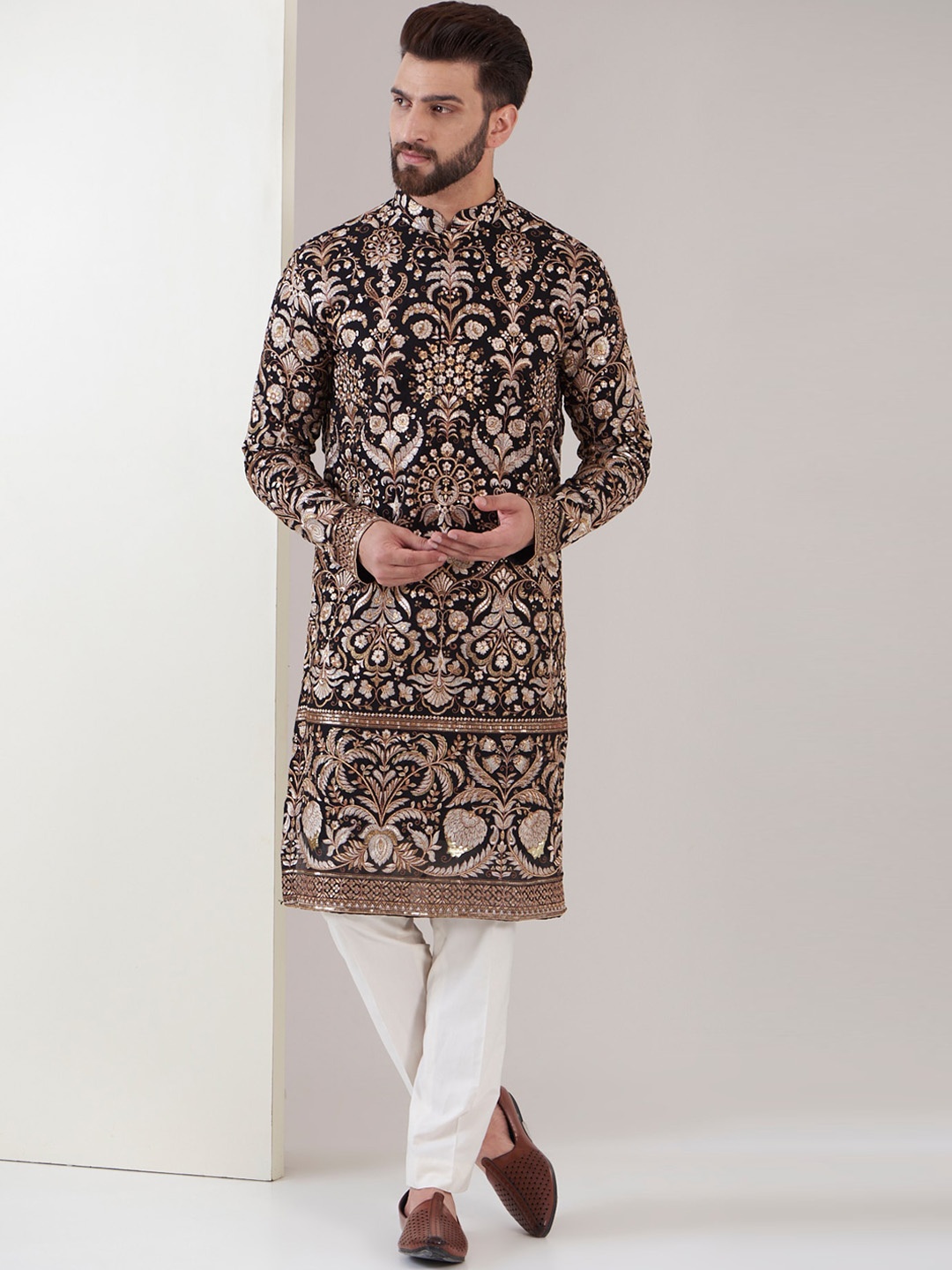 

KASBAH CLOTHING NISHCHAIY SAJDEH Ethnic Motifs Embroidered Sequinned Kurta, Black