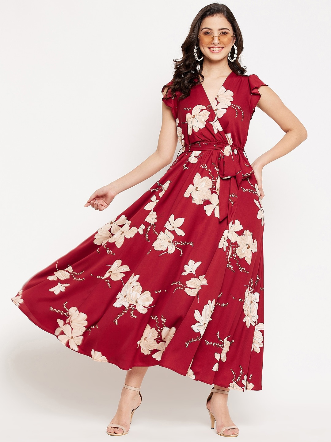 

WineRed Floral Printed Flared Sleeves Tie-Ups Wrap Maxi Dress, Maroon