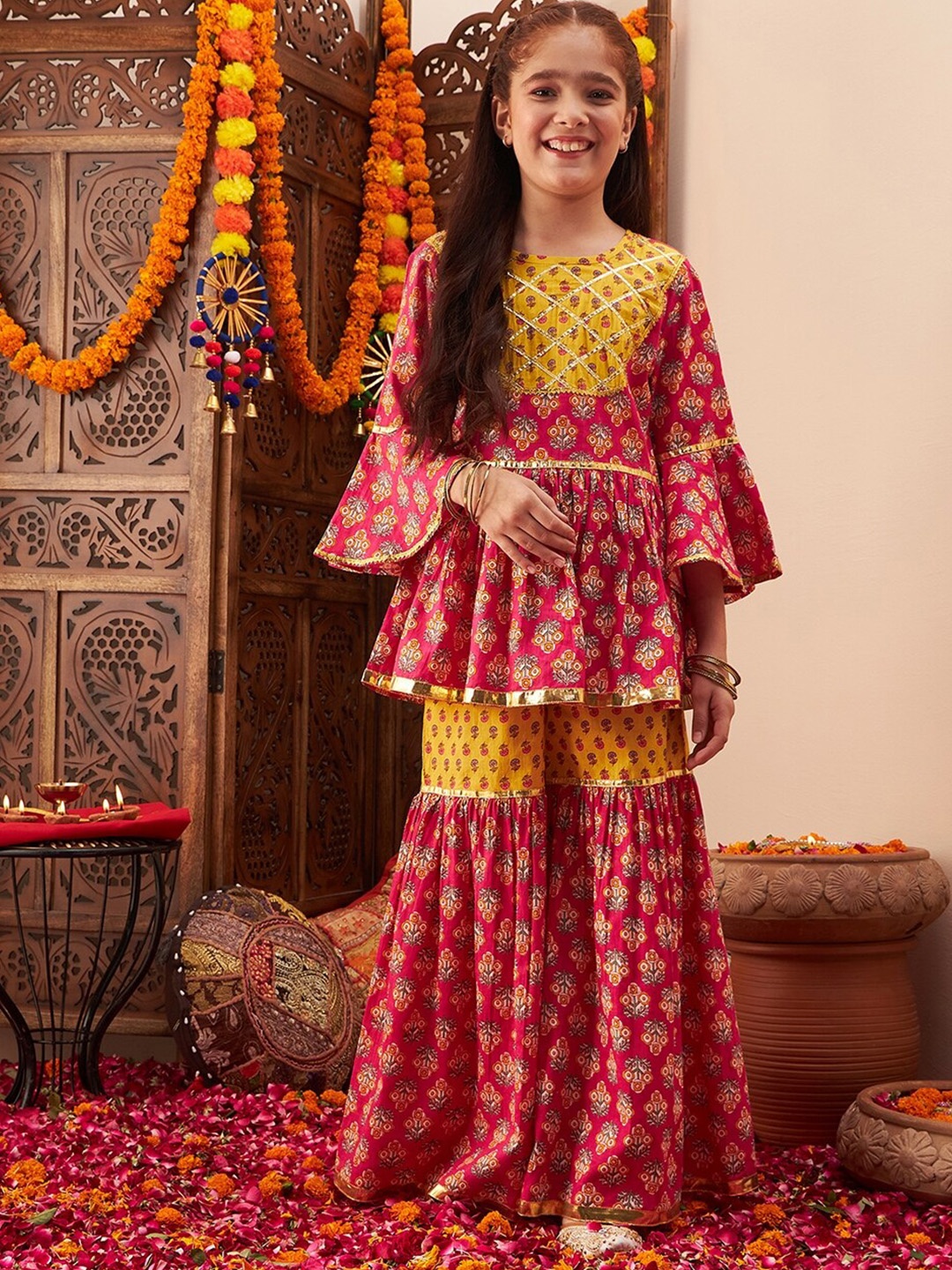 

Cherry & Jerry Girls Floral Printed Empire Gotta Patti Pure Cotton Kurta With Sharara, Magenta