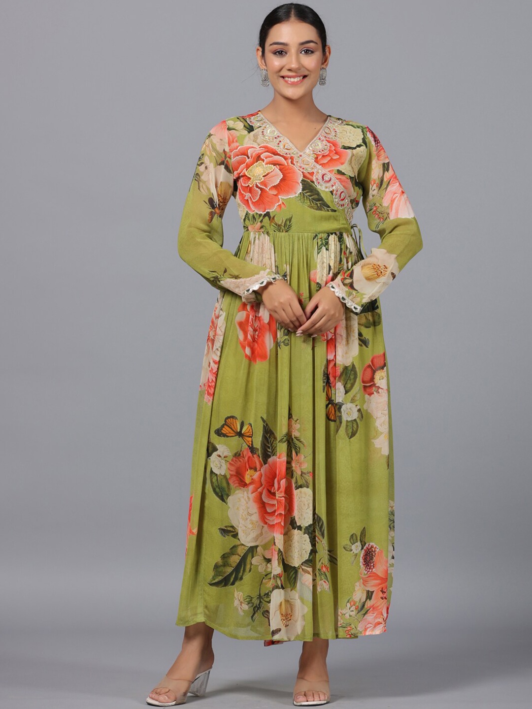 

Juniper Floral Printed Sequinned Georgette Fit & Flared Maxi Ethnic Dress, Green