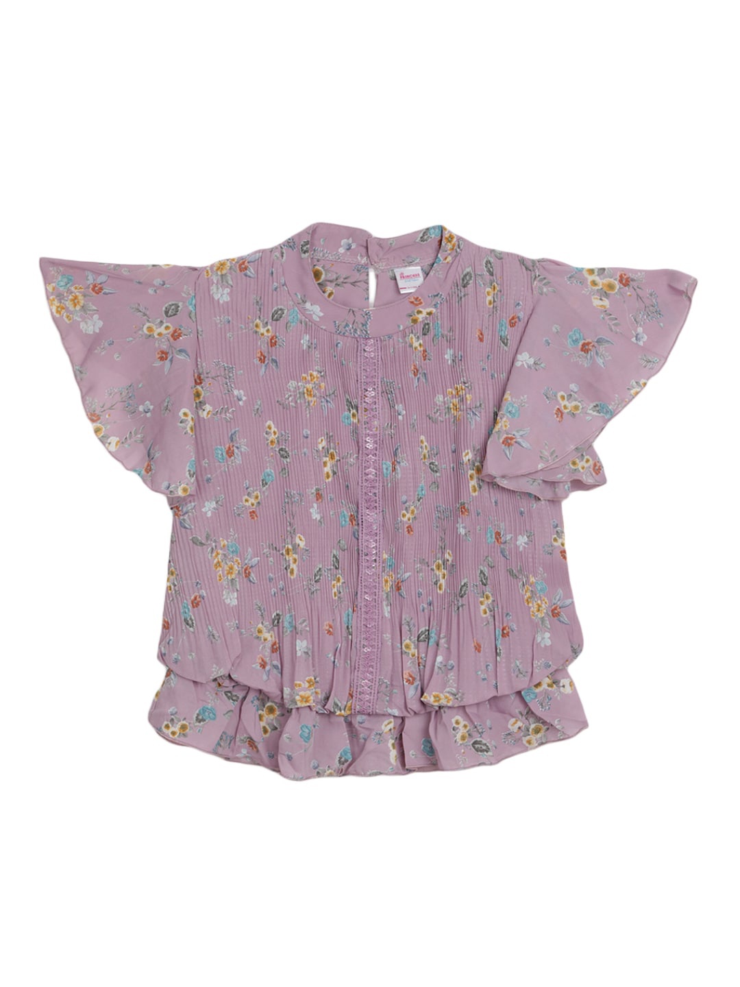 

V-Mart Girls Floral Printed Mandarin Collar Lace Detail Flutter Sleeve Georgette Top, Lavender