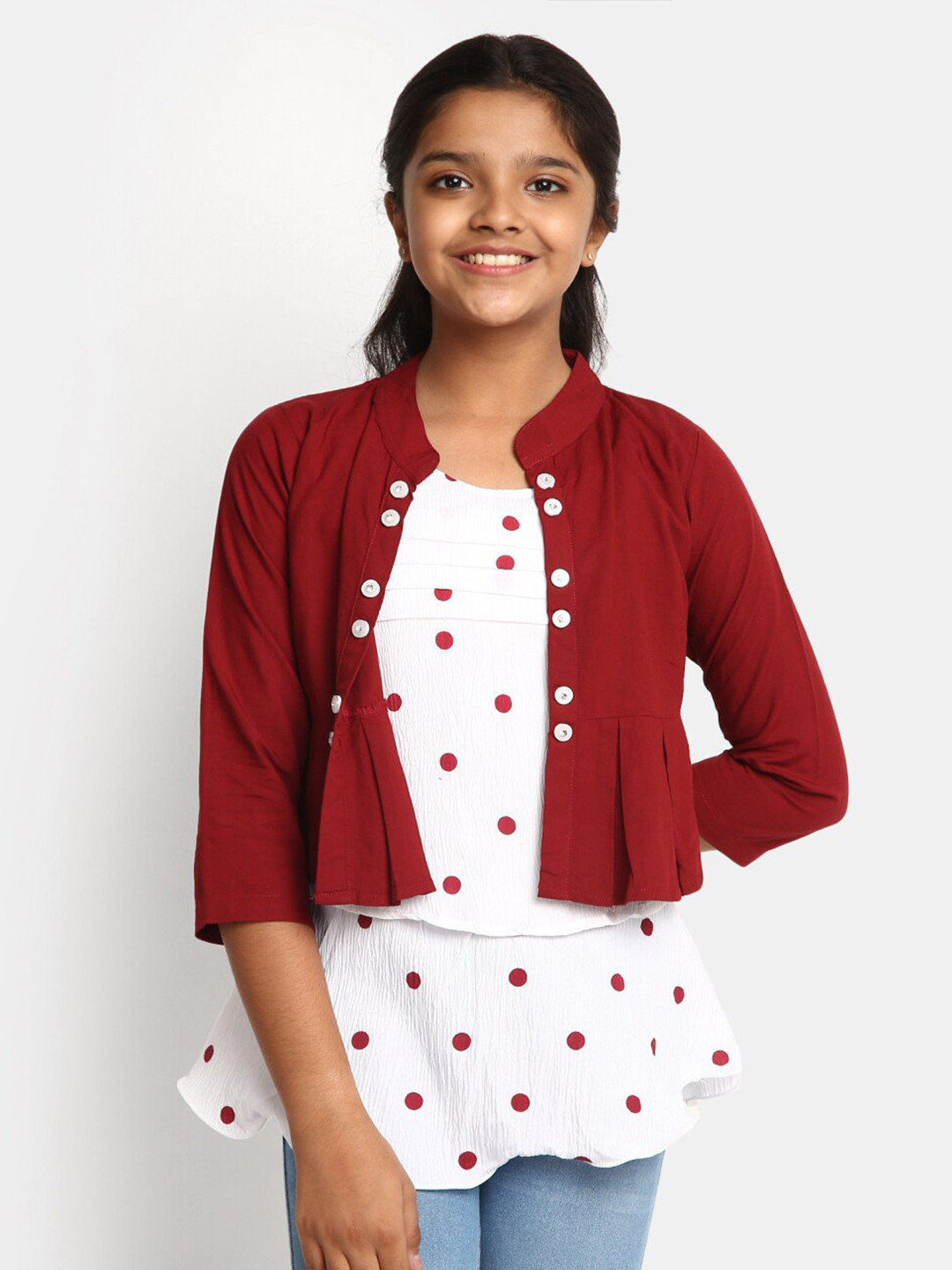 

V-Mart Girls Polka Dot Printed Peplum Top, Red