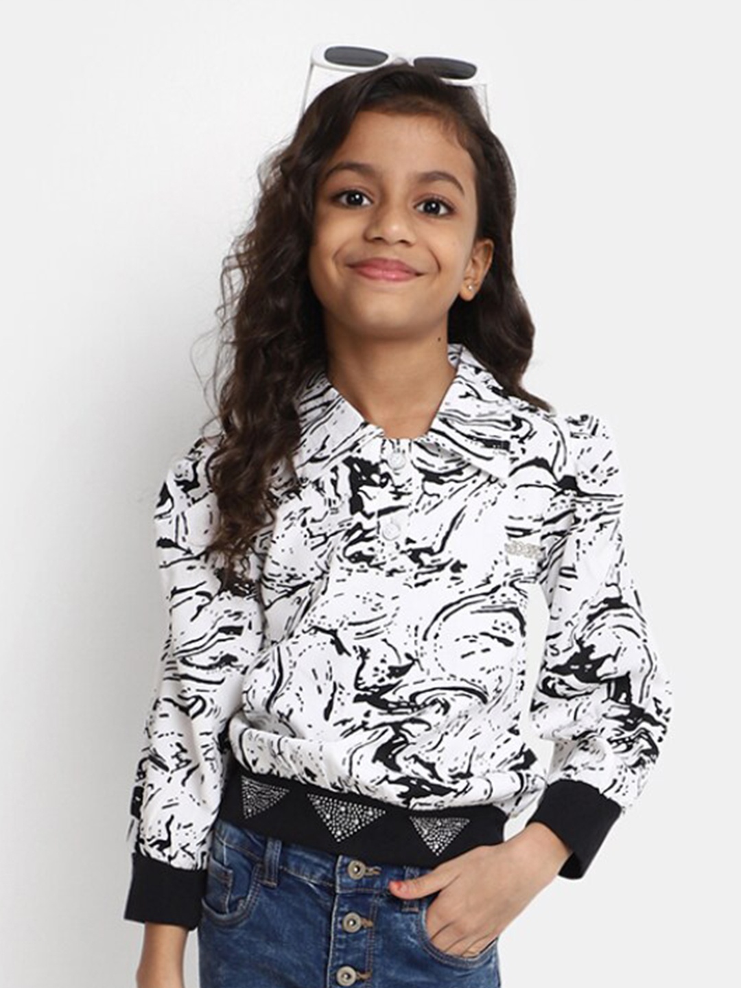 

V-Mart Girls Abstract Printed Shirt Collar Cotton Top, White