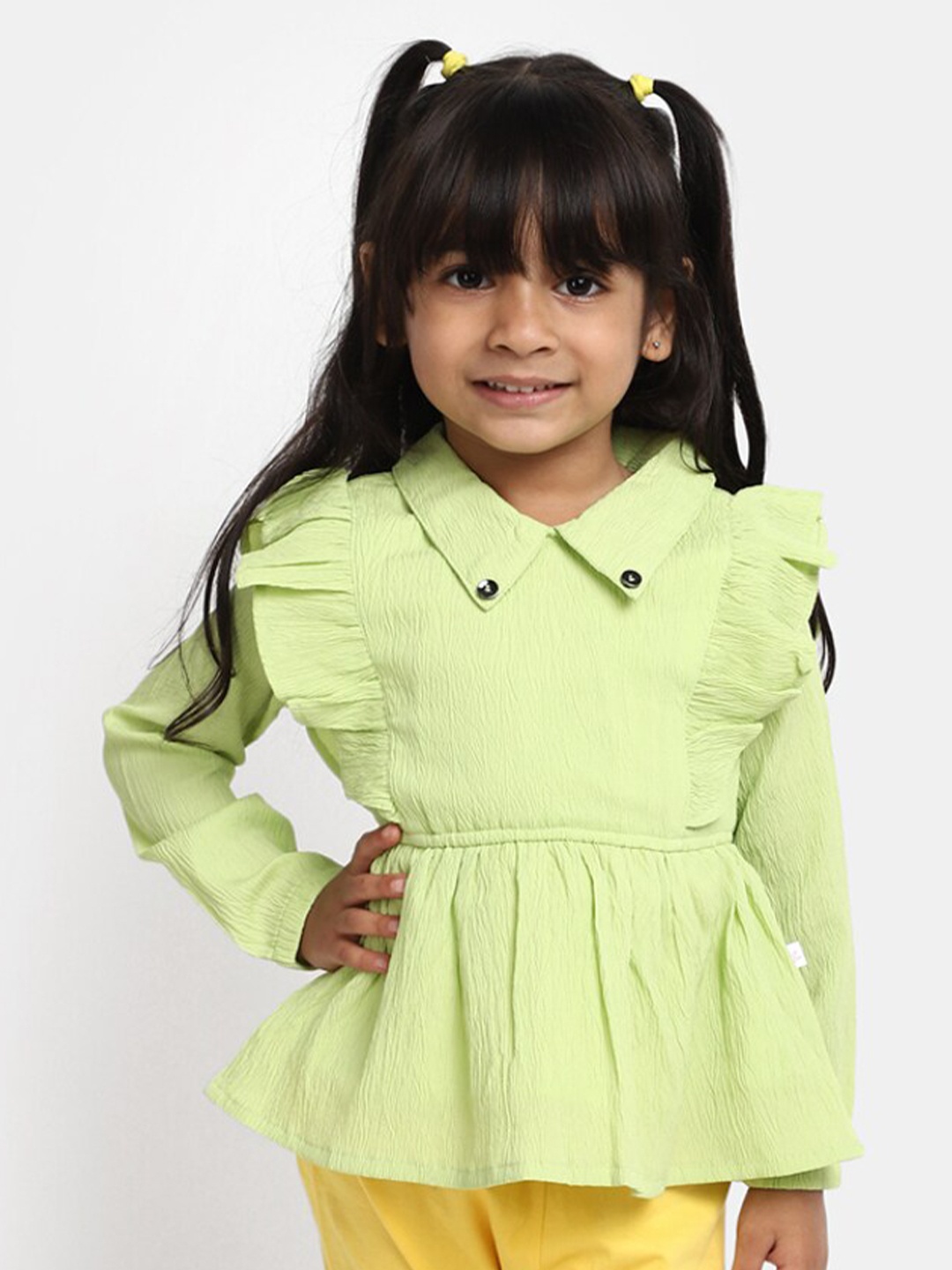 

V-Mart Cotton Shirt Collar Peplum Top, Green