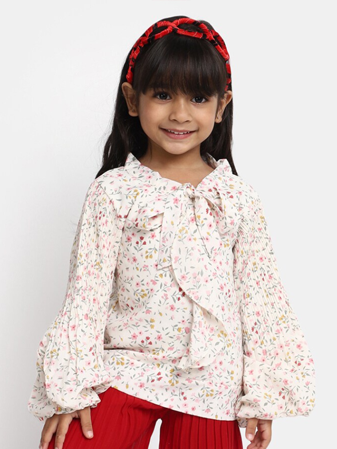 

V-Mart Girls Floral Printed Bell Sleeves Cotton Top, Off white