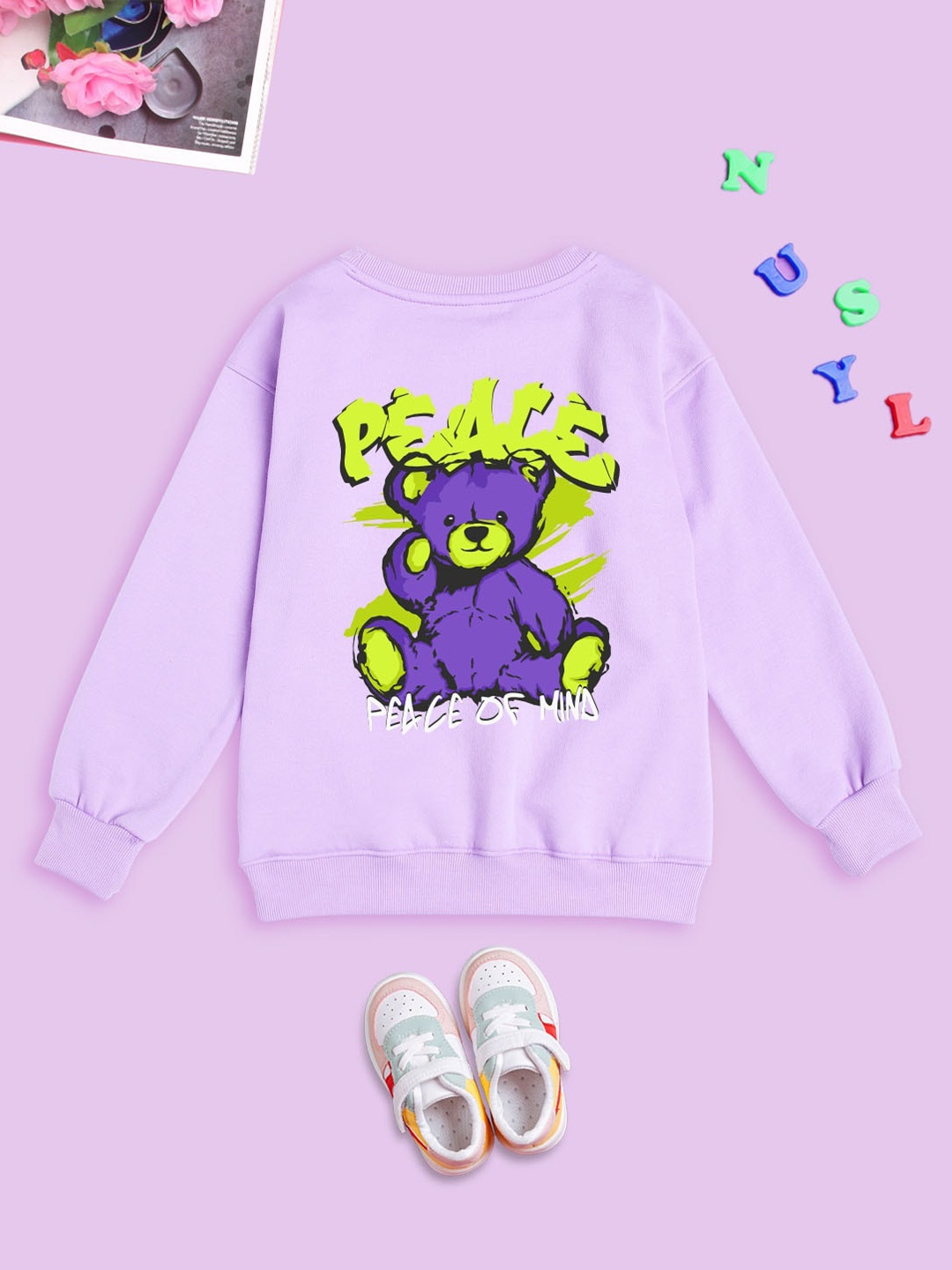 

NUSYL Unisex Kids Graphic Printed Fleece Oversized Pullover Sweatshirt, Purple