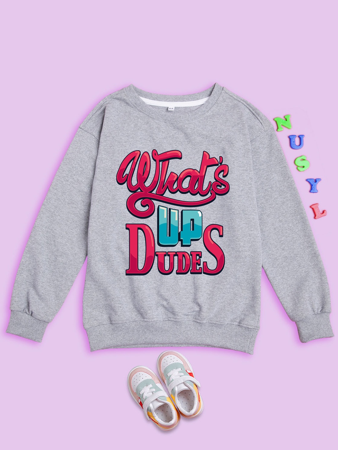 

NUSYL Kids Typography Printed Oversized Fleece Sweatshirt, Grey