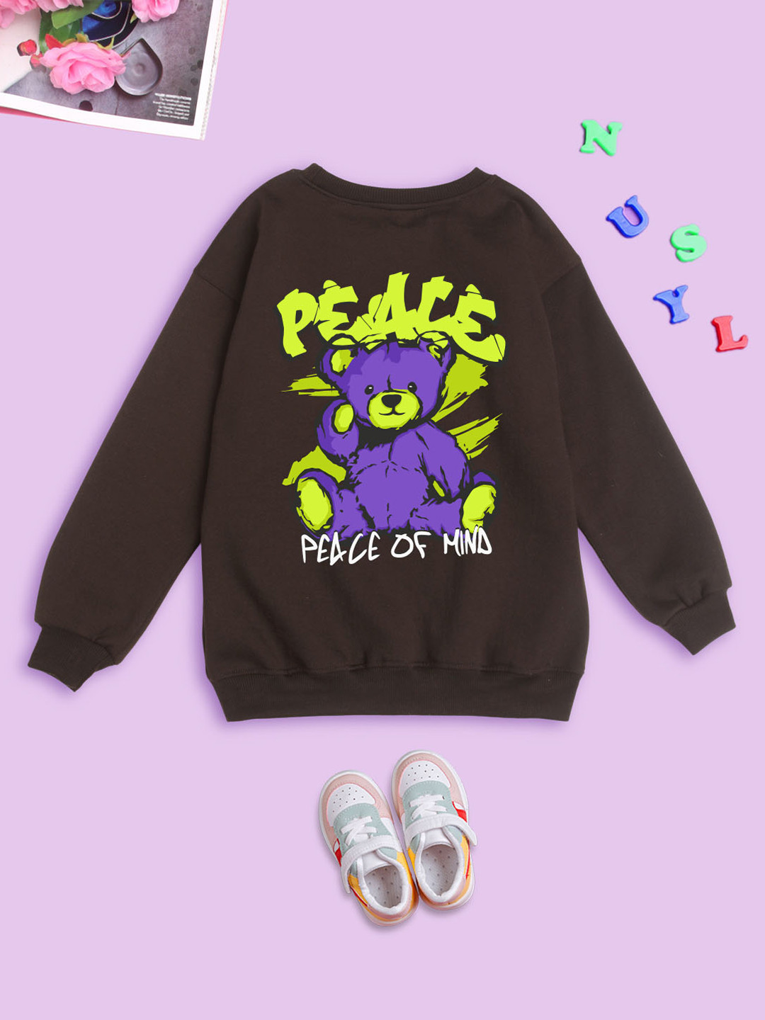 

NUSYL Kids Graphic Printed Oversized Fleece Sweatshirt, Brown