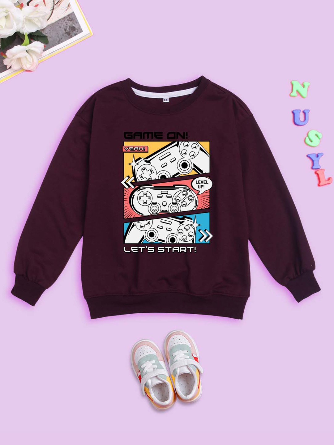 

NUSYL Kids Game On Printed Oversized Fleece Sweatshirt, Maroon