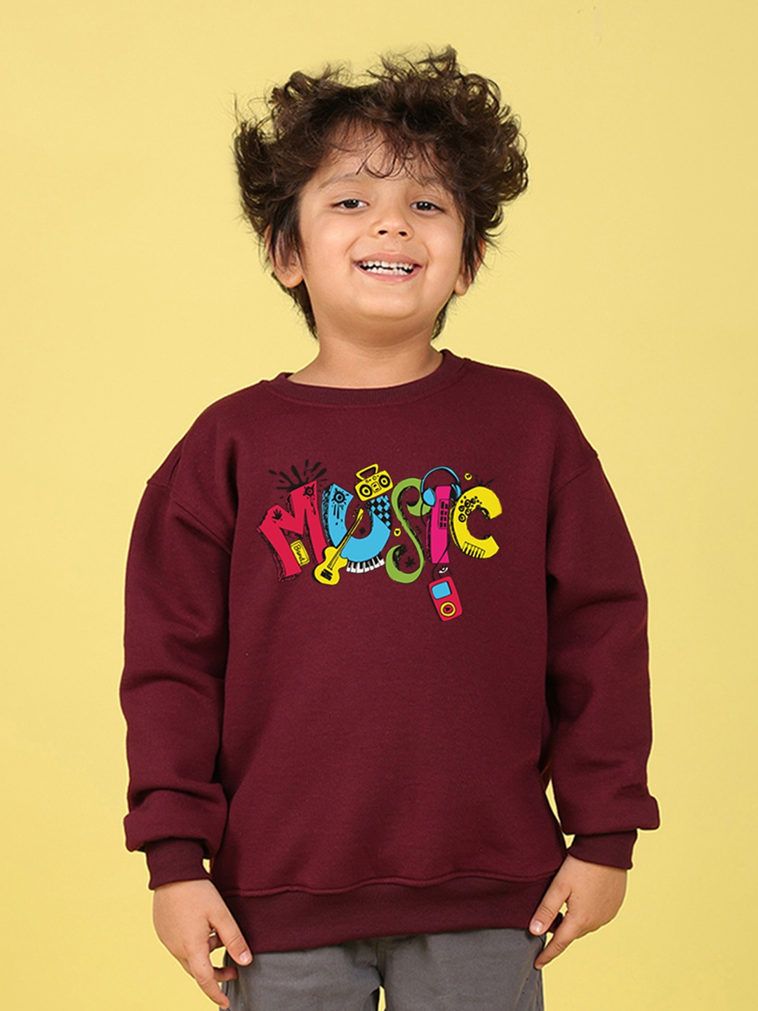 NUSYL Unisex Kids Graphic Printed Fleece Oversized Pullover Sweatshirt, Maroon