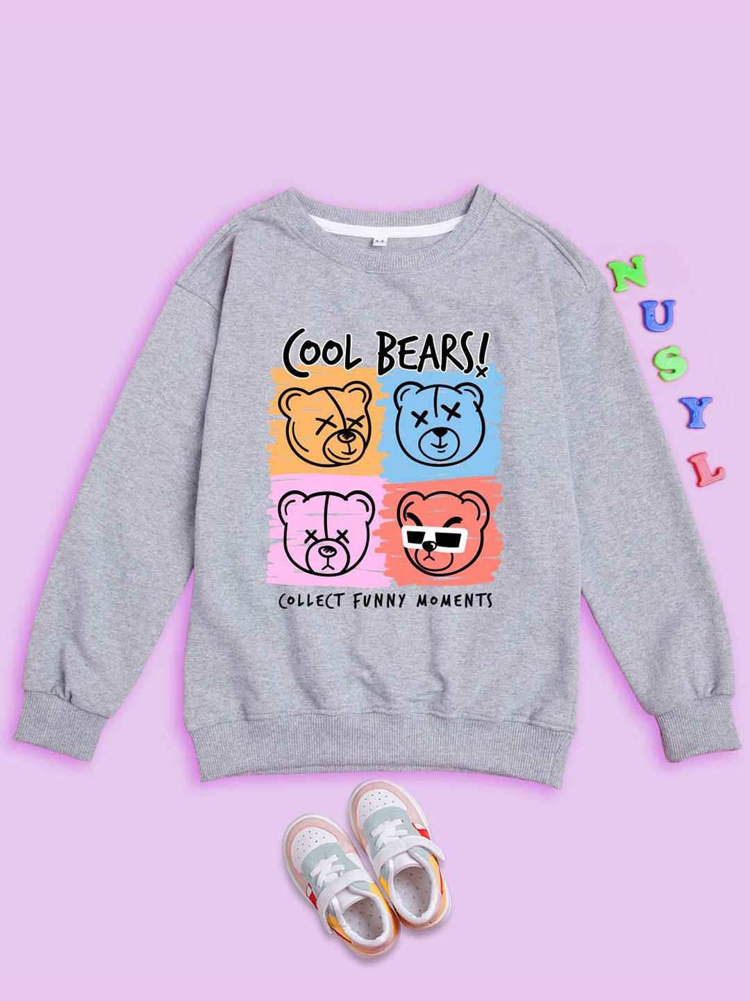 

NUSYL Kids Cool Bear Printed Oversized Fleece Sweatshirt, Grey