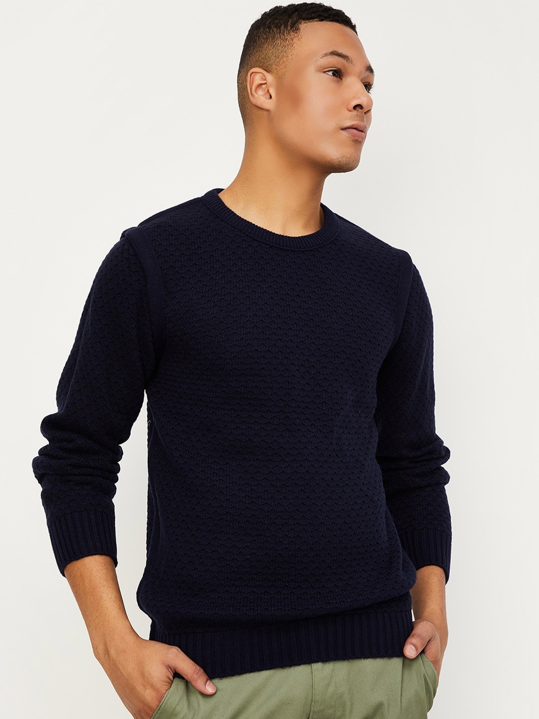 

max Cable Knit Self Design Pure Acrylic Pullover, Navy blue