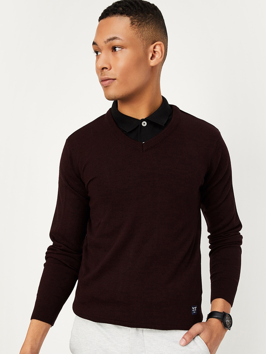 

max V-Neck Pure Acrylic Pullover, Maroon