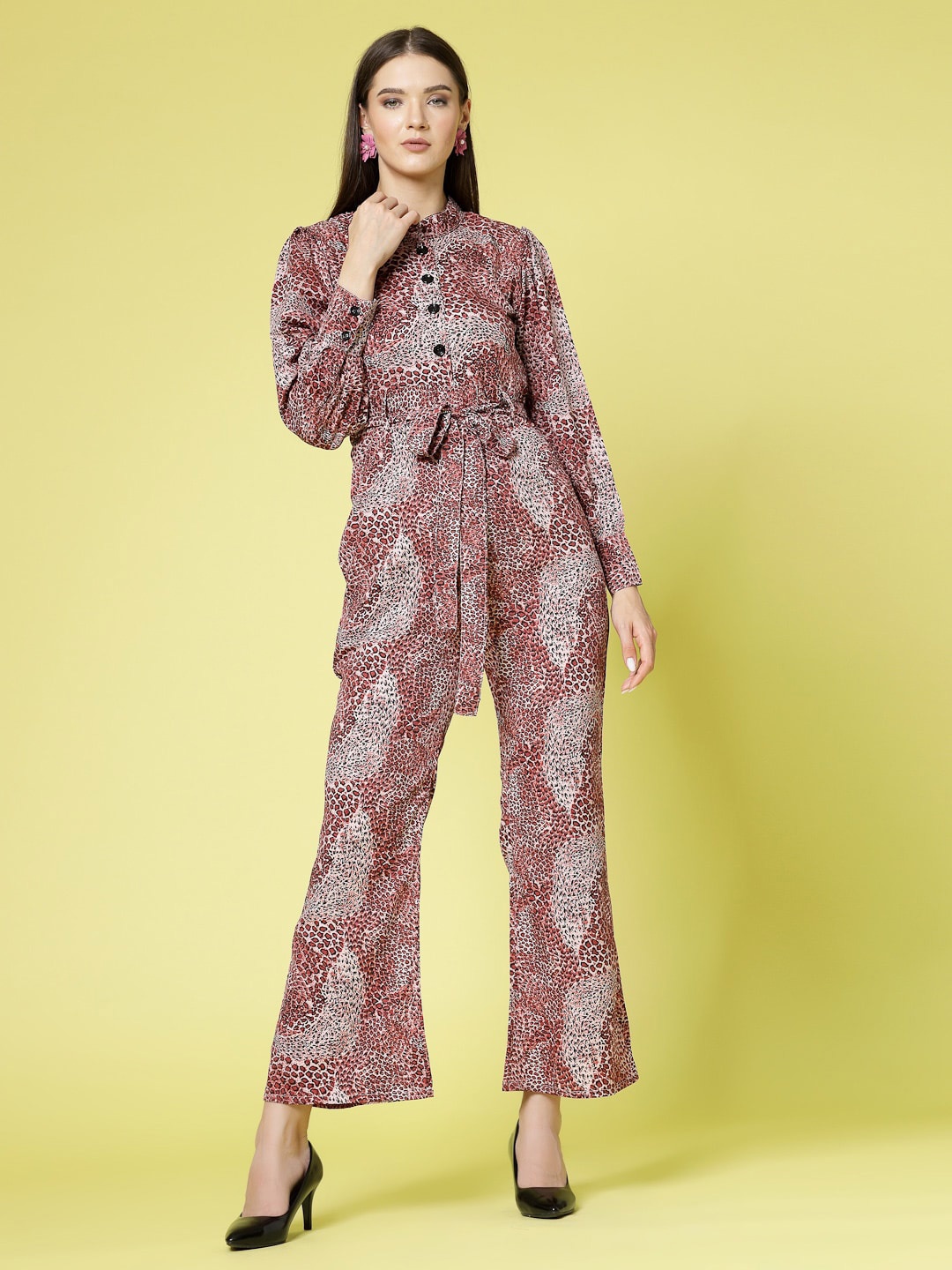 

Kook N Keech Pink Printed Mandarin Collar Waist Tie-Ups Basic Jumpsuit