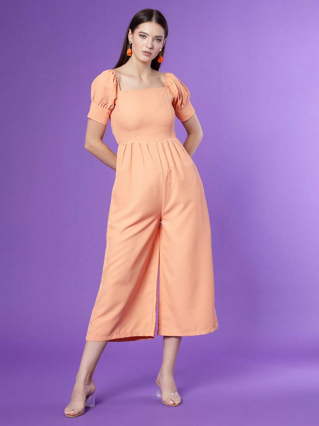 

Kook N Keech Peach-Coloured Square Neck Puffed Sleeves Basic Jumpsuit