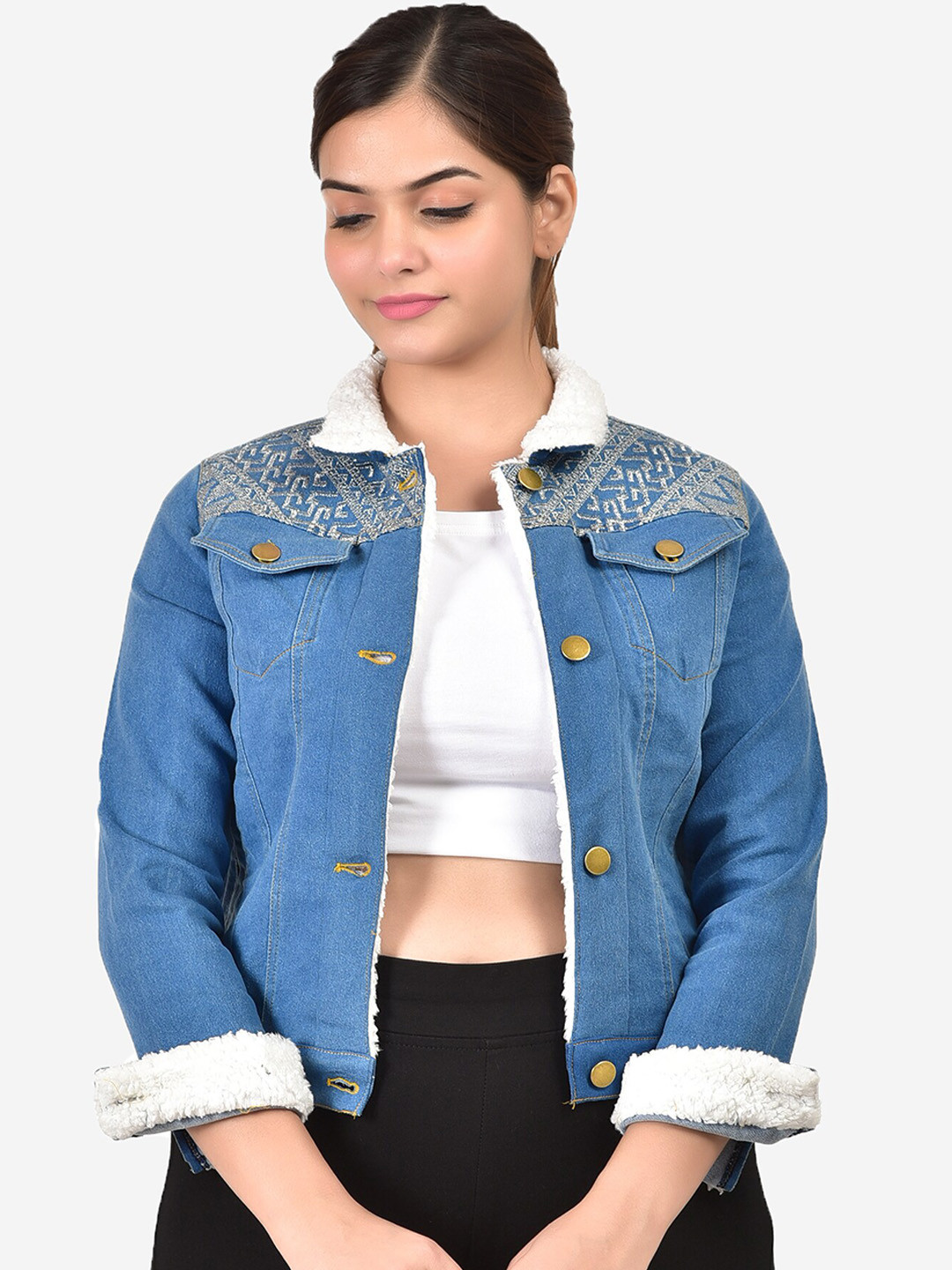 

SUMAVI-FASHION Crop Denim Jacket With Embroidery, Blue