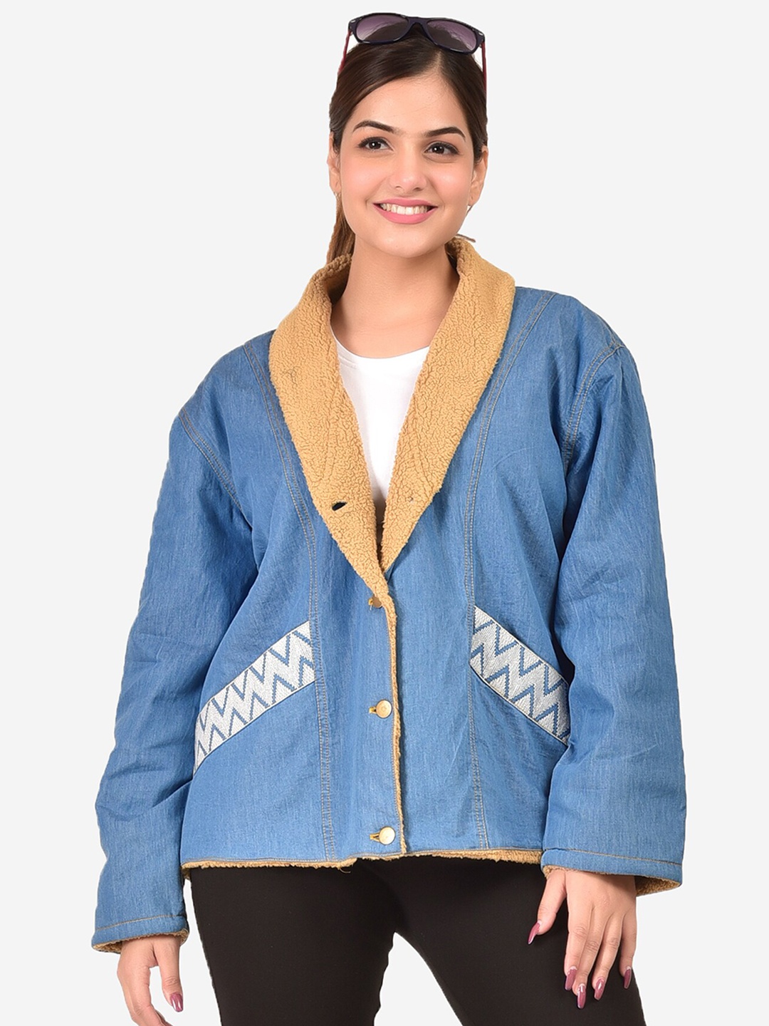 

SUMAVI-FASHION Shawl Collar Denim Jacket With Embroidery, Blue