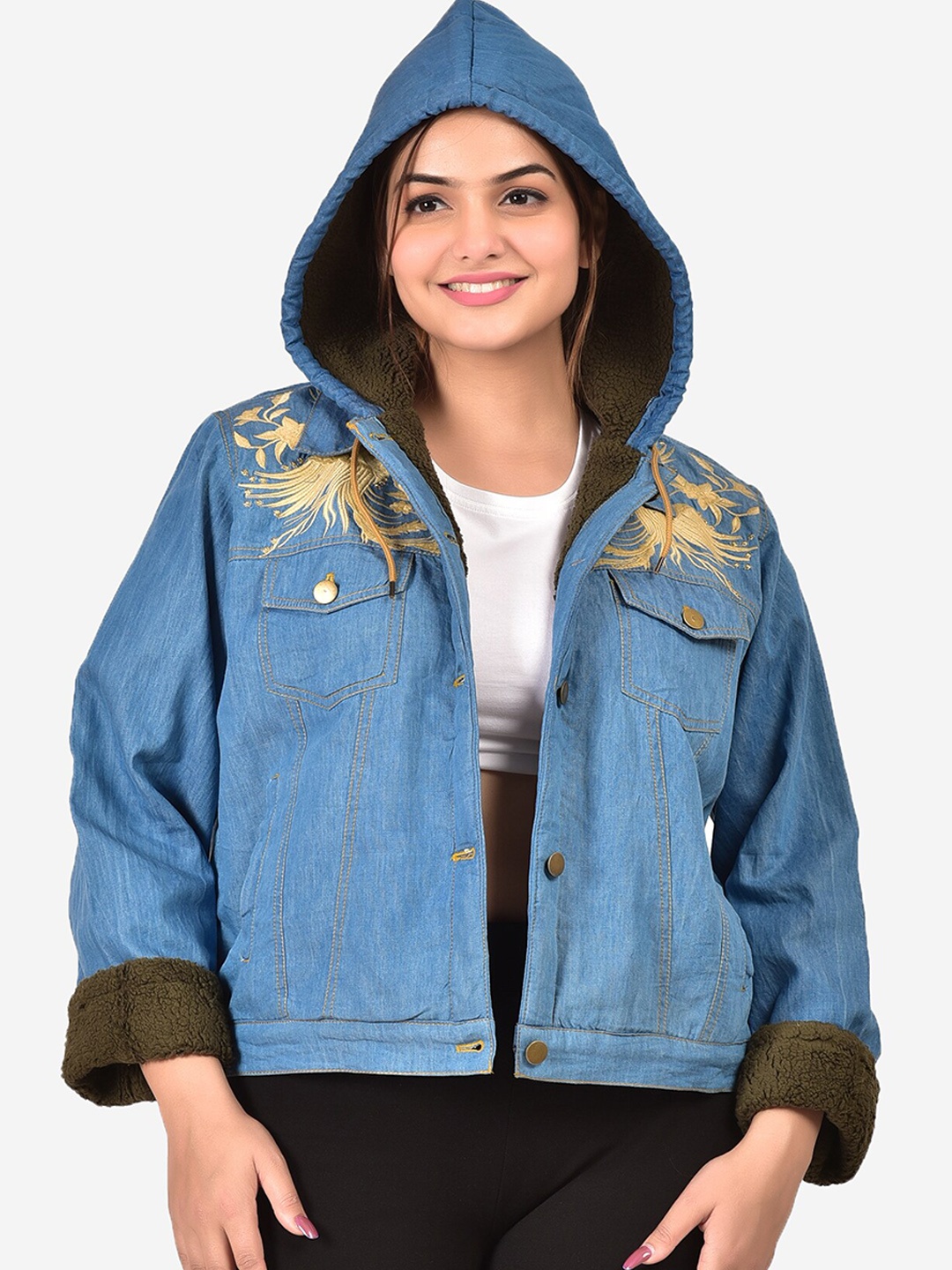 

SUMAVI-FASHION Hooded Denim Jacket With Embroidery, Blue