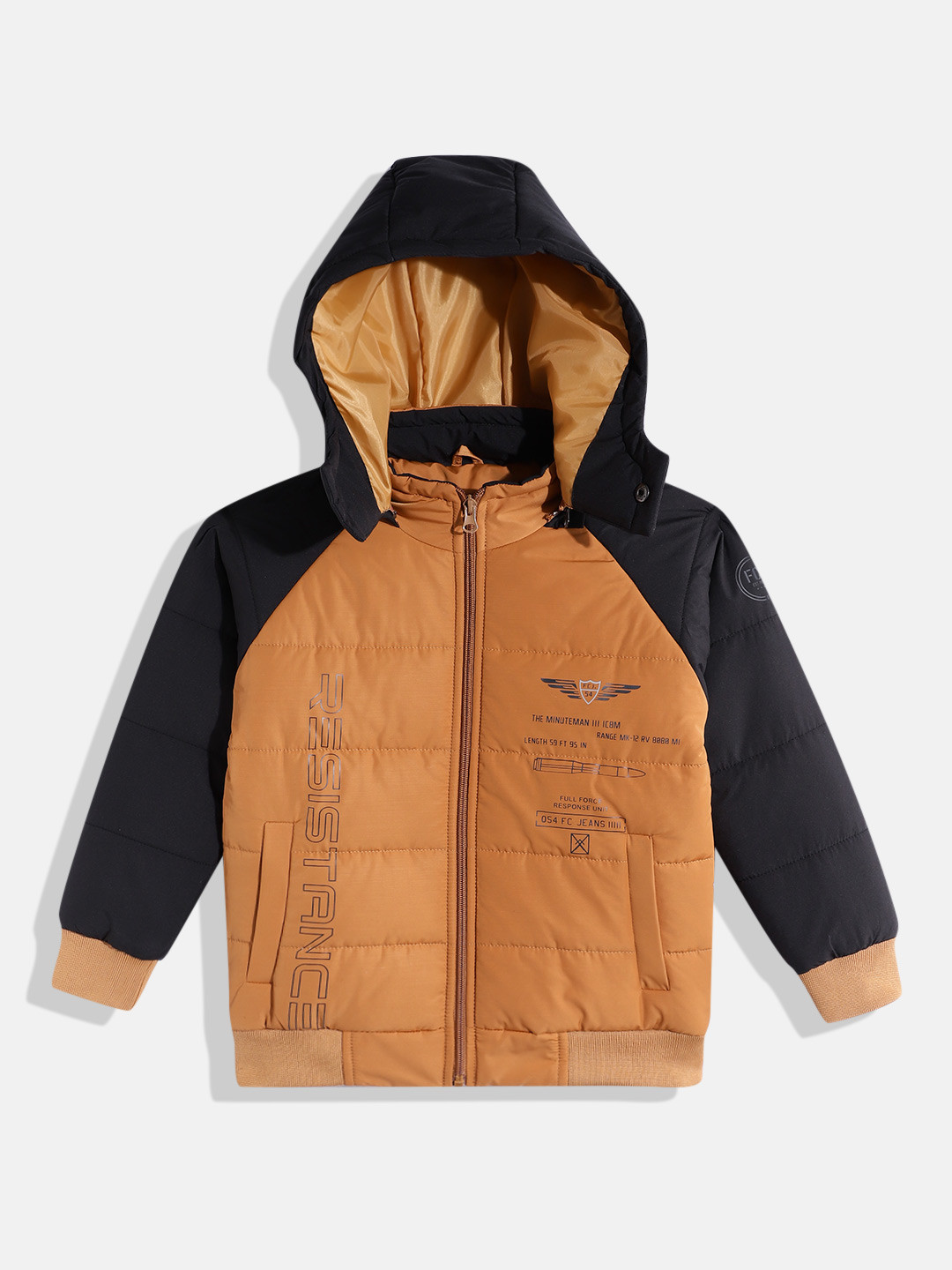 

Fort Collins Boys Typography Printed Hooded Bomber Jacket, Tan