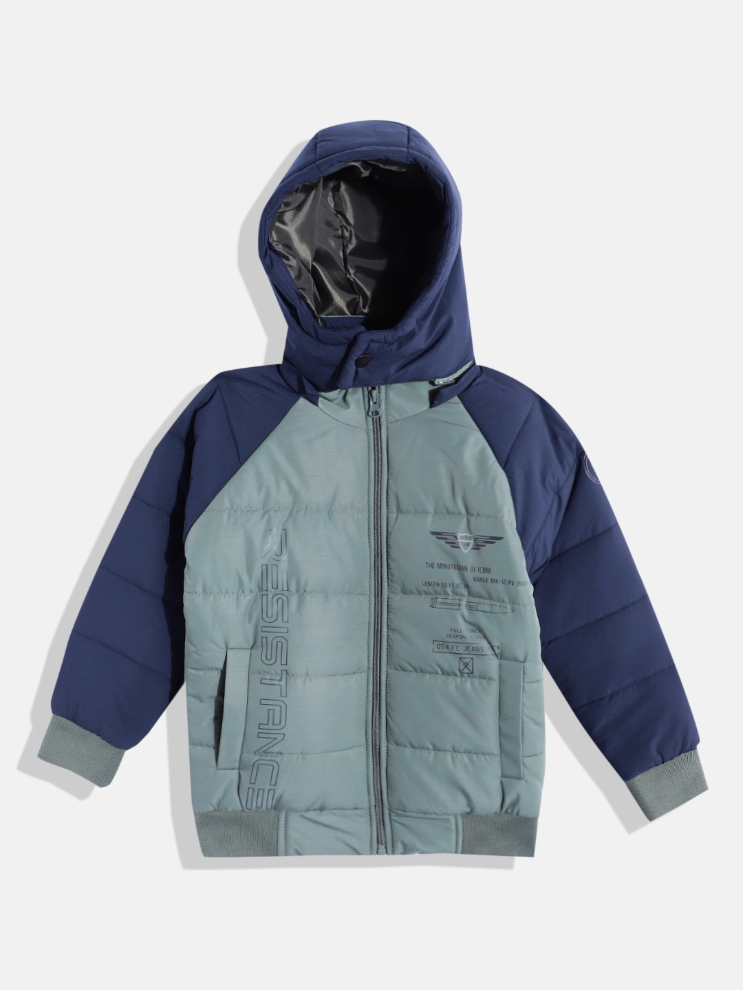 

Fort Collins Boys Typography Printed Hooded Bomber Jacket, Green