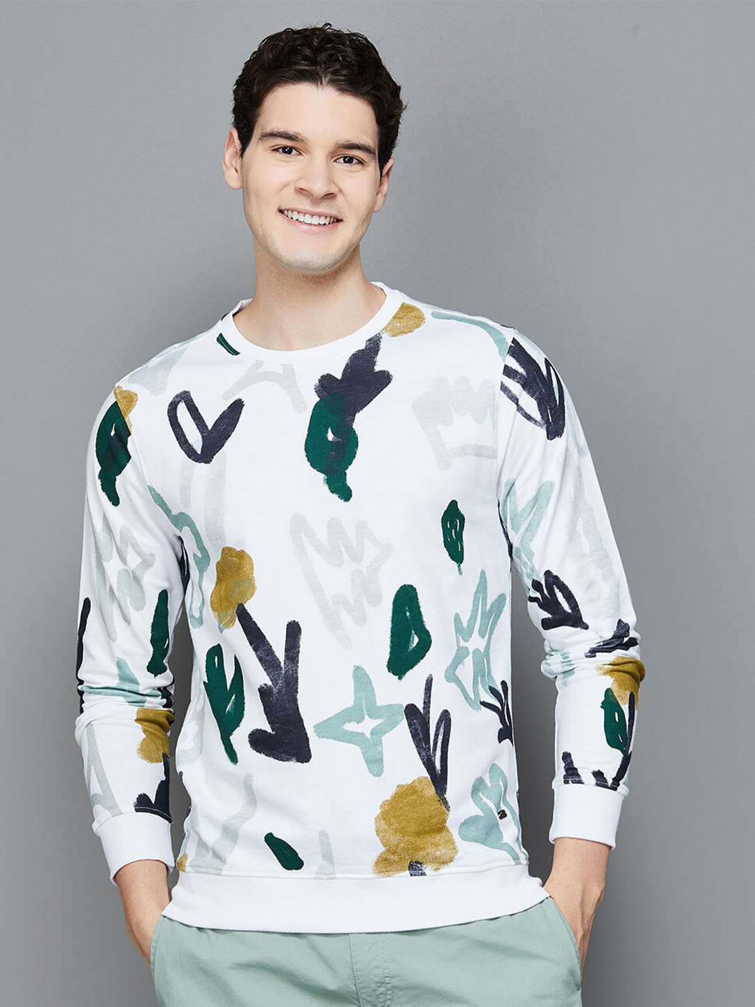 

Fame Forever by Lifestyle Geometric Printed Long Sleeves Cotton Pullover Sweatshirt, White