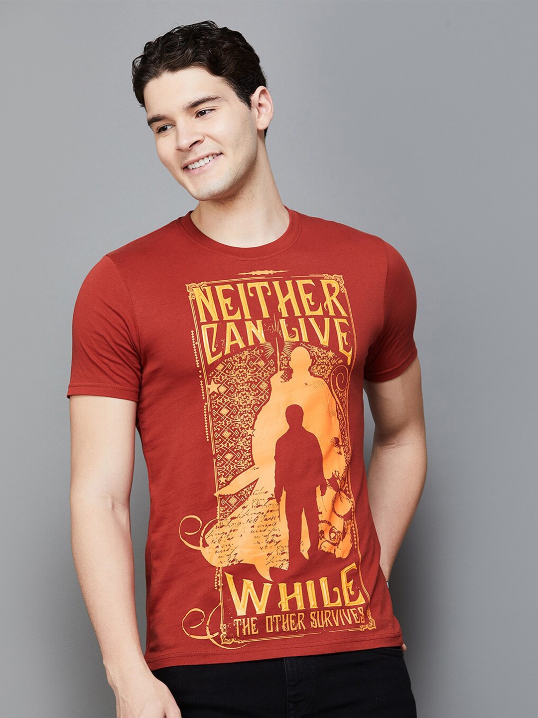 

Fame Forever by Lifestyle Graphic Printed Cotton Casual T-Shirt, Rust