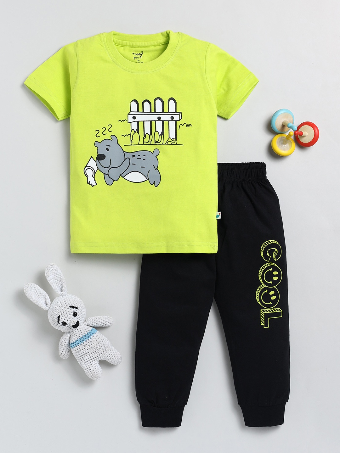 

Toonyport Boys Printed Pure Cotton T-Shirt with Trousers, Fluorescent green