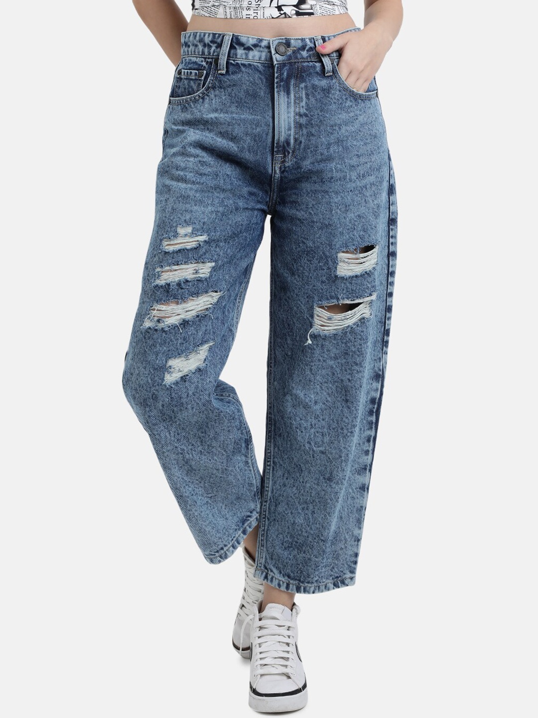 

Bene Kleed Women Relaxed Fit High-Rise Pure Cotton Distressed Jeans, Blue