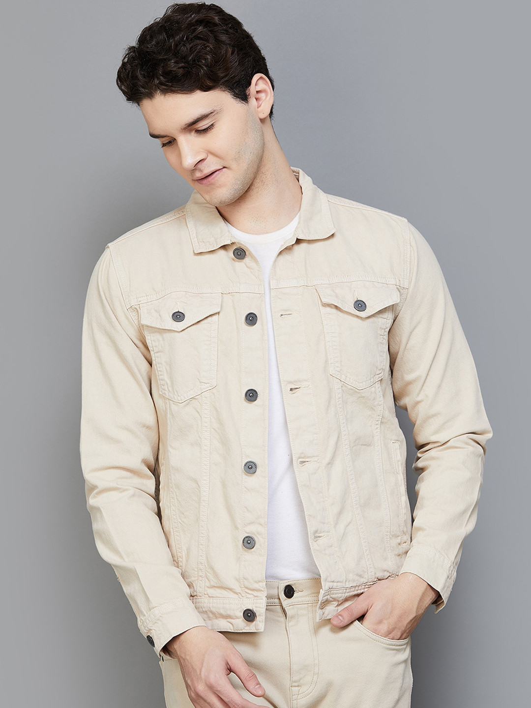 

Forca by Lifestyle Spread Collar Cotton Denim Jacket, Beige