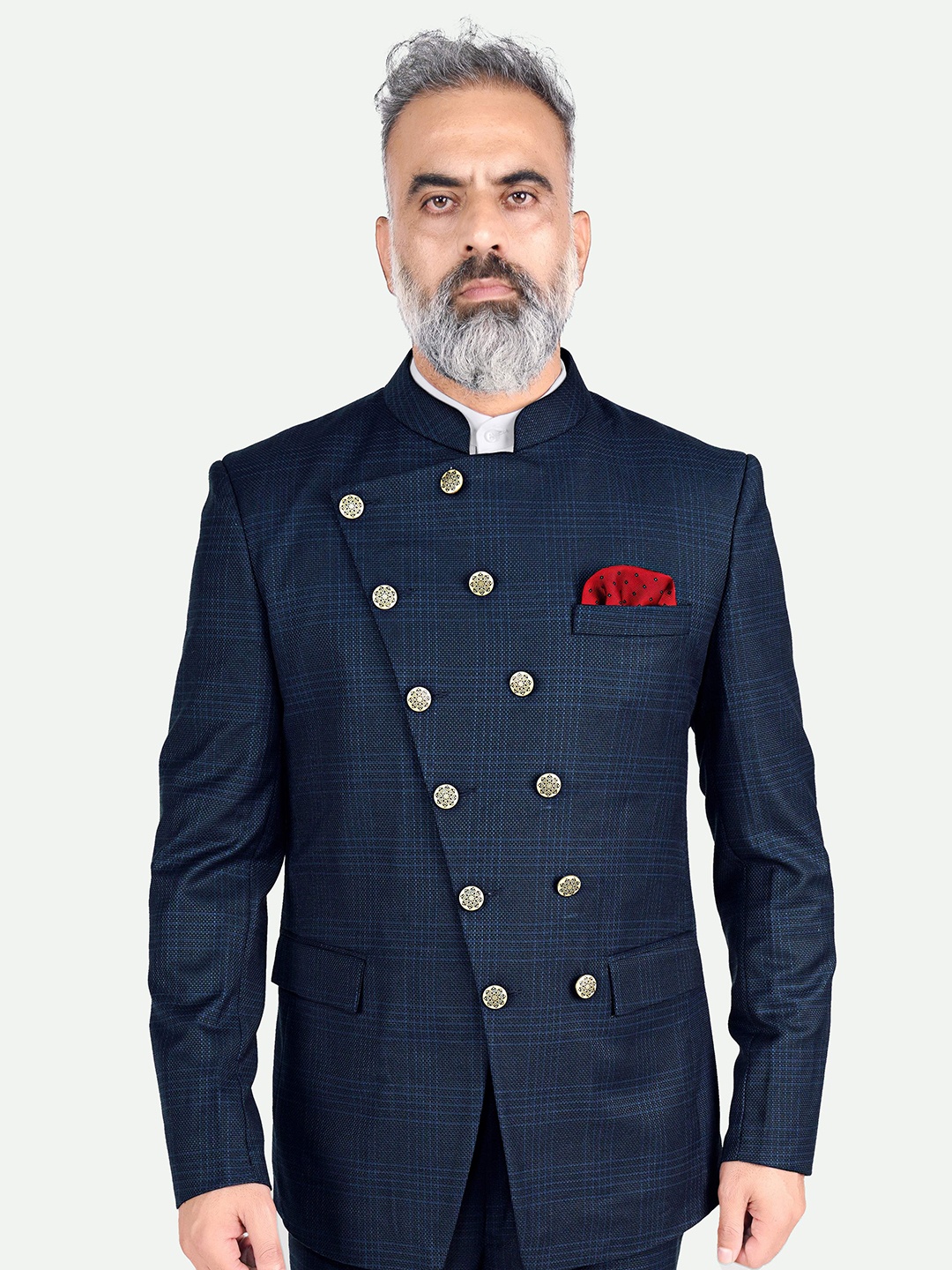 

FRENCH CROWN Checked Bandhgala Blazer, Navy blue