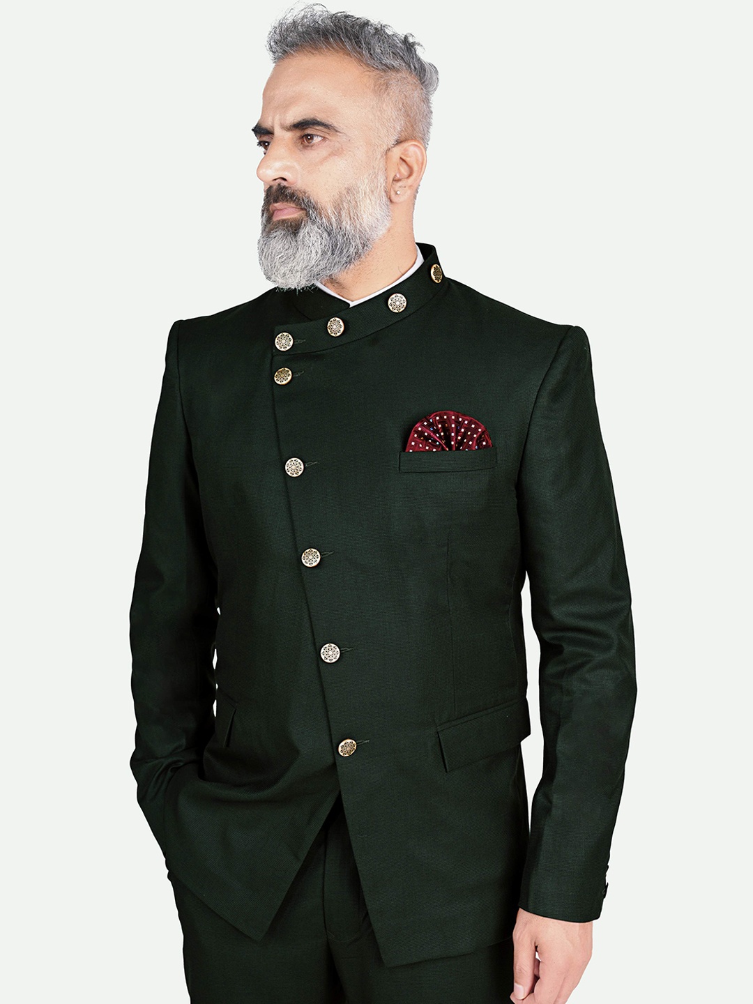 

FRENCH CROWN Bandhgala Single-Breasted Blazer, Green